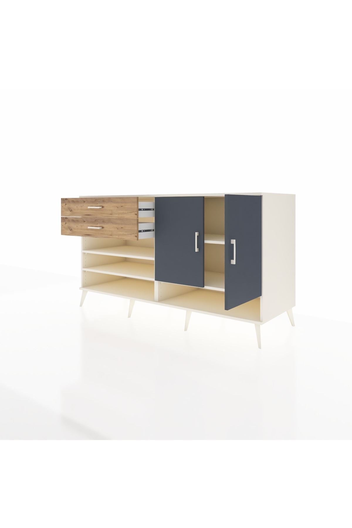 Kronos Konsol 4 Raflı 2 Çekmeceli 2 Kapaklı 176x59x99 Aytaşı-Antrasit/Çam