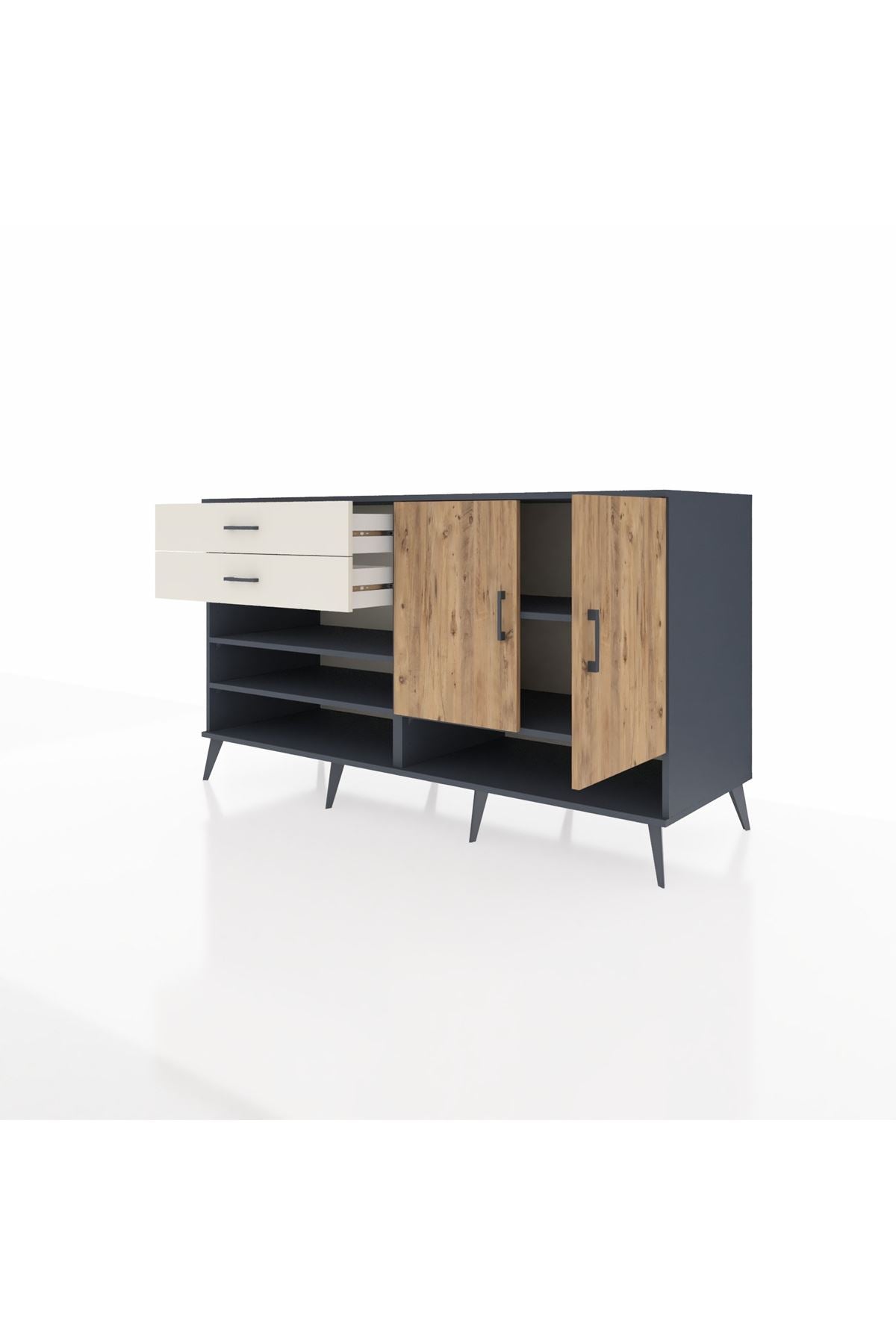 Kronos Konsol 4 Raflı 2 Çekmeceli 2 Kapaklı 176x59x99 Antrasit-Çam/Aytaşı