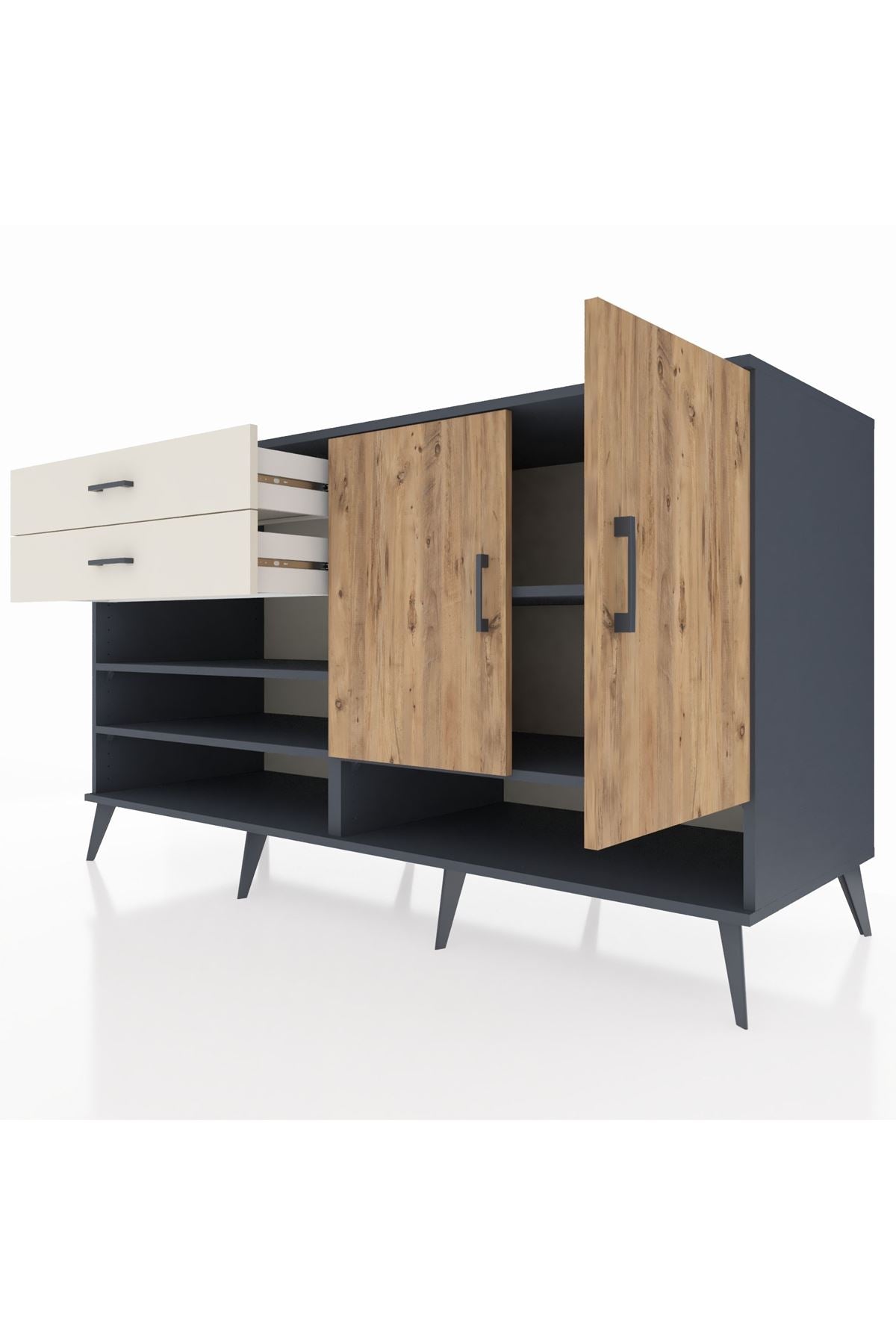 Kronos Konsol 4 Raflı 2 Çekmeceli 2 Kapaklı 176x59x99 Antrasit-Çam/Aytaşı