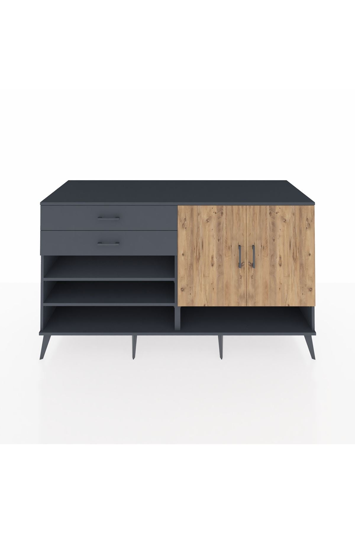 Kronos Konsol 4 Raflı 2 Çekmeceli 2 Kapaklı 176x59x99 Antrasit-Çam/Antrasit