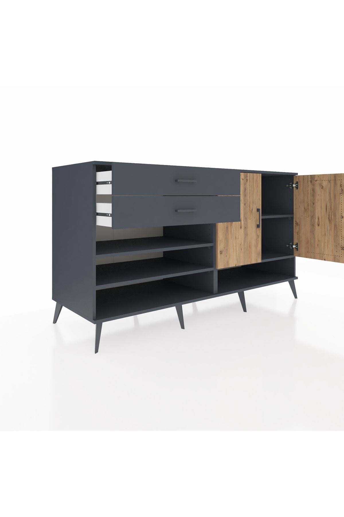 Kronos Konsol 4 Raflı 2 Çekmeceli 2 Kapaklı 176x59x99 Antrasit-Çam/Antrasit