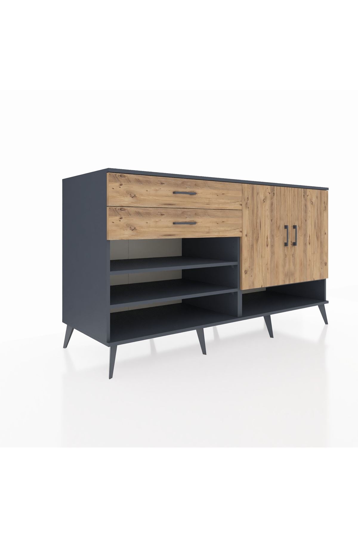 Kronos Konsol 4 Raflı 2 Çekmeceli 2 Kapaklı 176x59x99 Antrasit-Çam