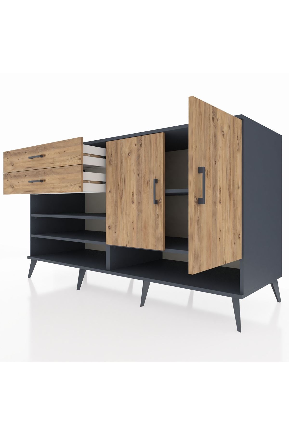 Kronos Konsol 4 Raflı 2 Çekmeceli 2 Kapaklı 176x59x99 Antrasit-Çam