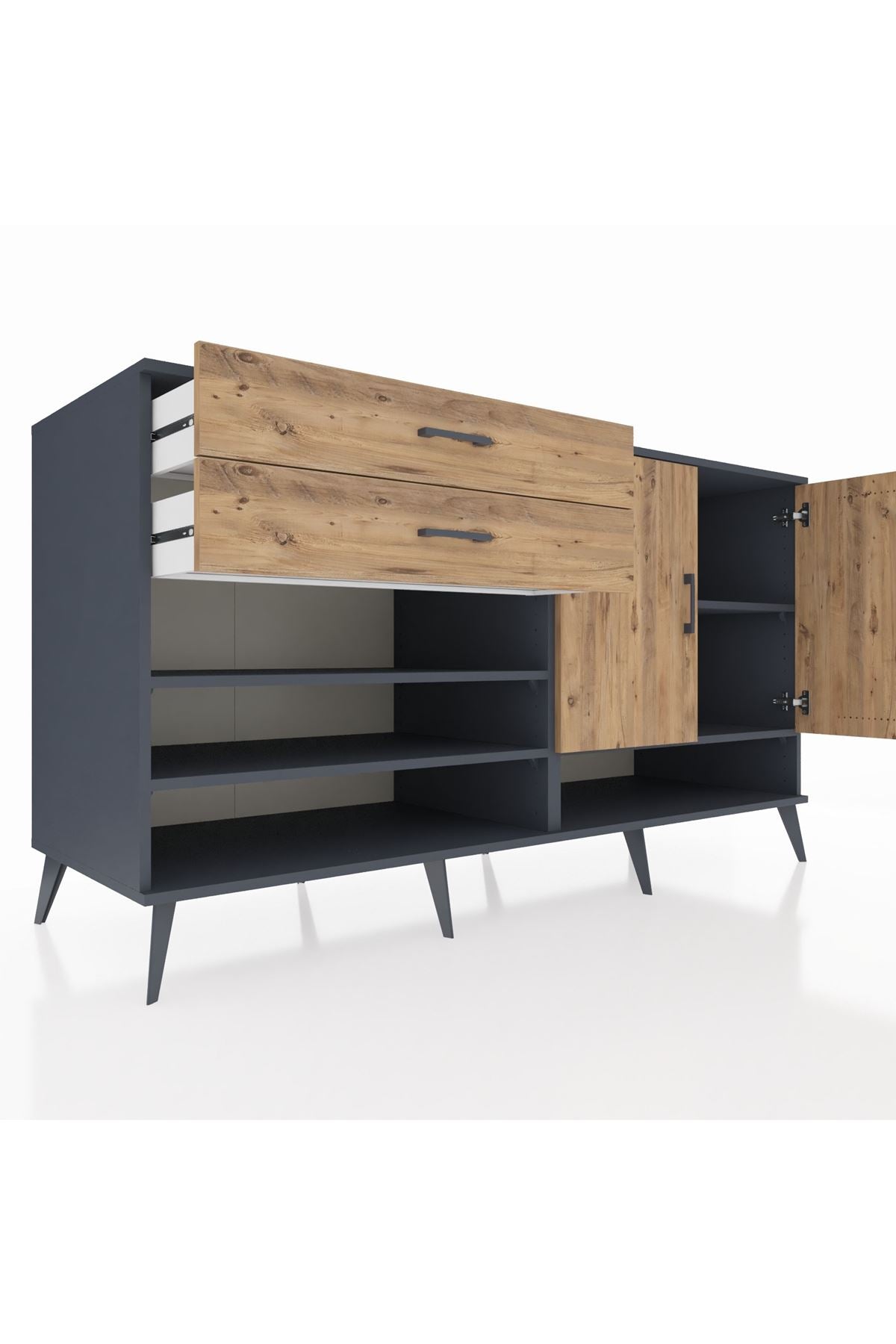 Kronos Konsol 4 Raflı 2 Çekmeceli 2 Kapaklı 176x59x99 Antrasit-Çam