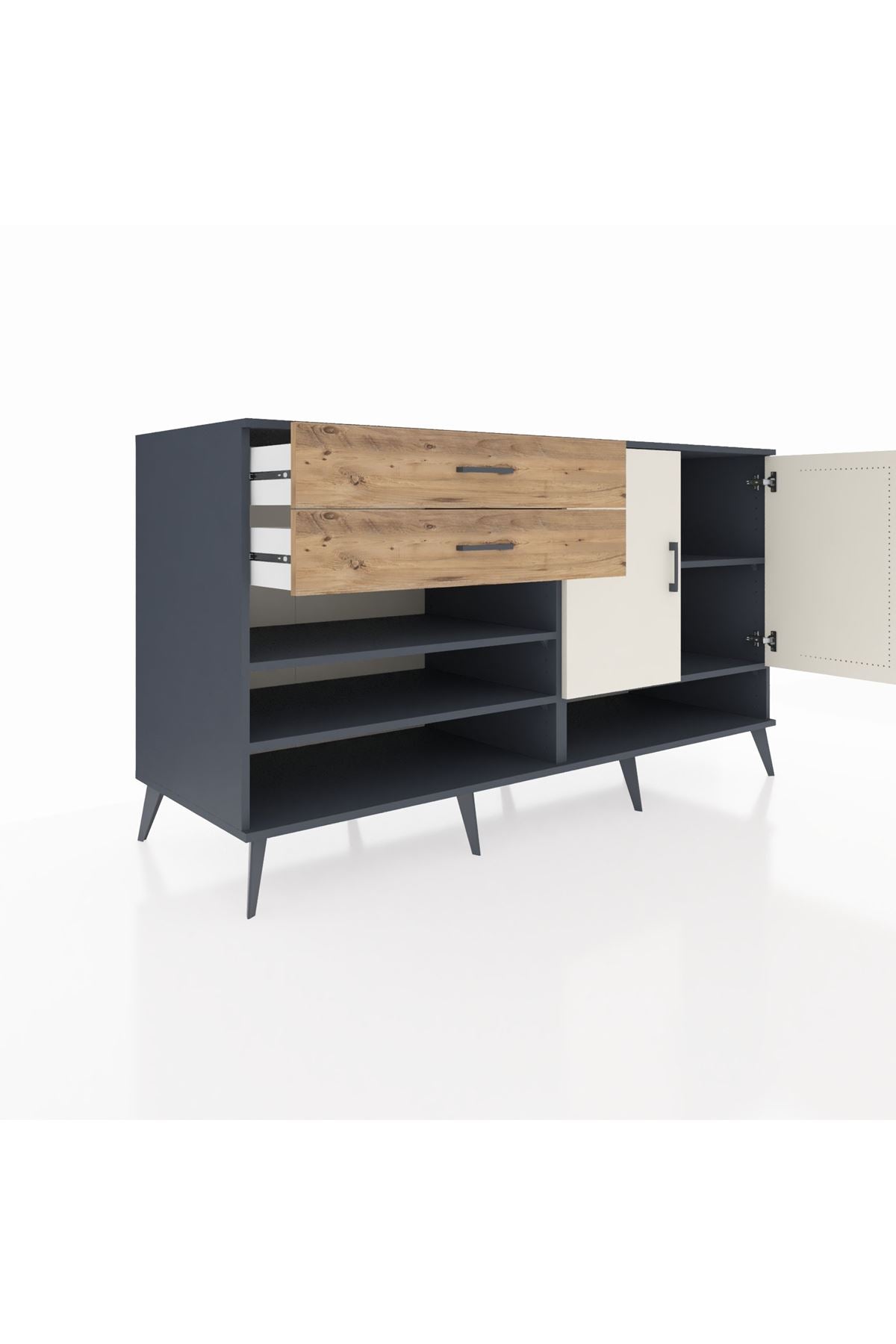 Kronos Konsol 4 Raflı 2 Çekmeceli 2 Kapaklı 176x59x99 Antrasit-Aytaşı/Çam