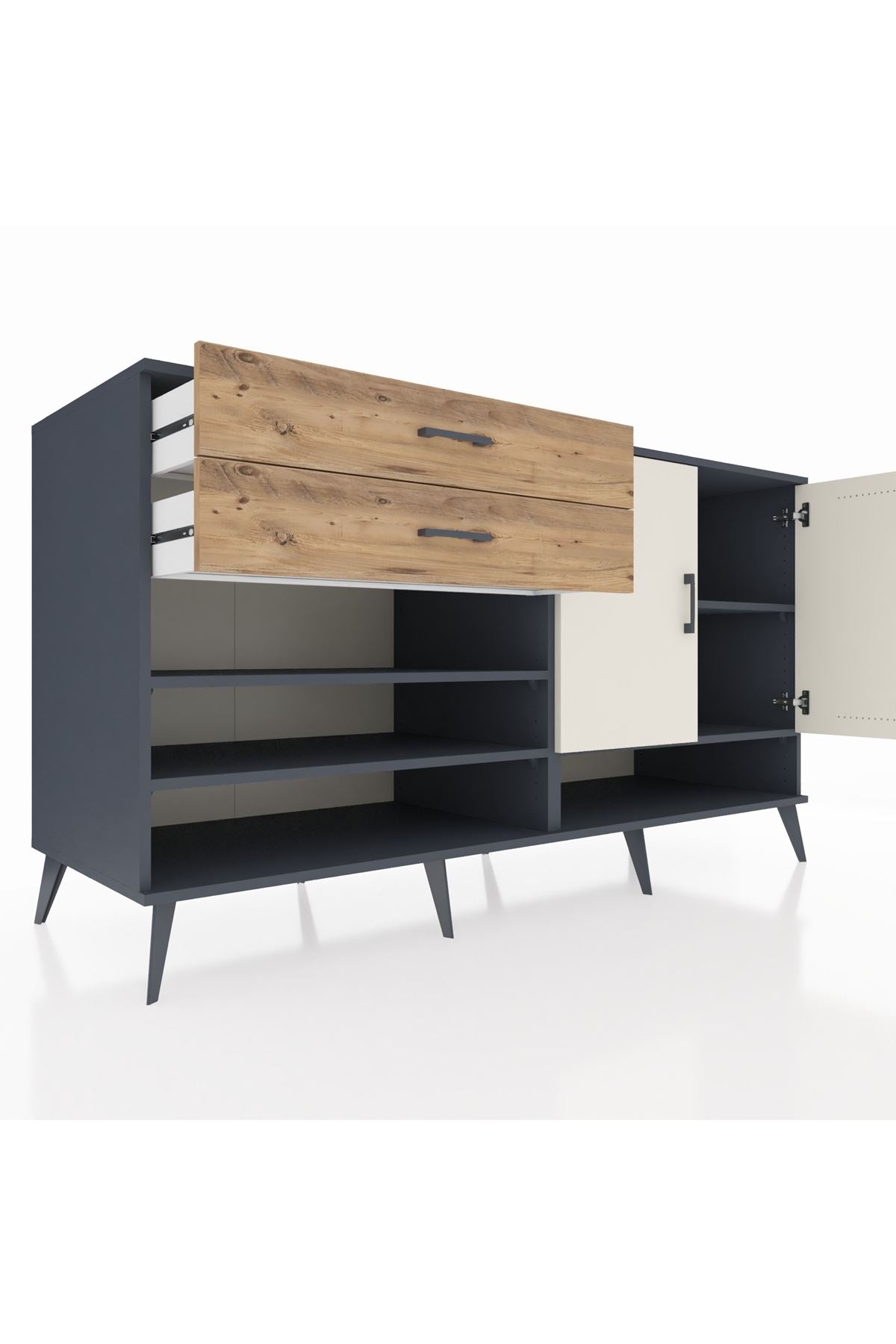 Kronos Konsol 4 Raflı 2 Çekmeceli 2 Kapaklı 176x59x99 Antrasit-Aytaşı/Çam