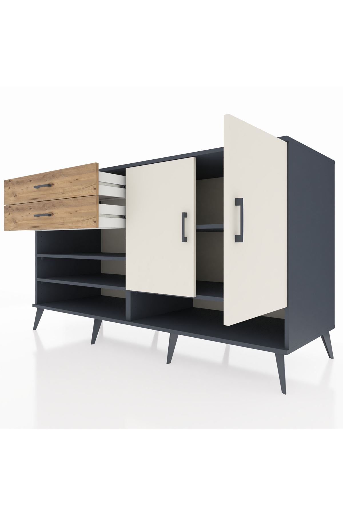 Kronos Konsol 4 Raflı 2 Çekmeceli 2 Kapaklı 176x59x99 Antrasit-Aytaşı/Çam