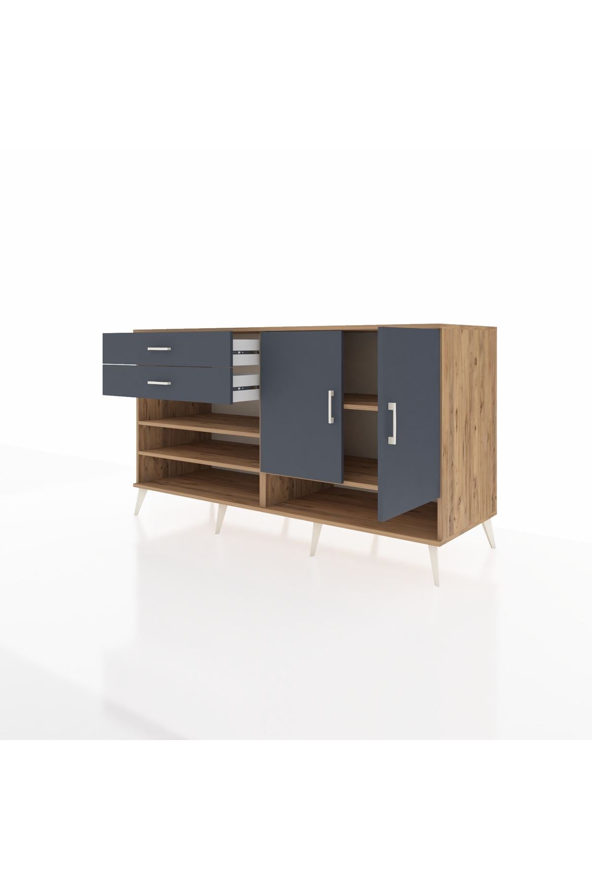 Kronos Konsol 4 Raflı 2 Çekmeceli 2 Kapaklı 176x59x99 Çam-Antrasit