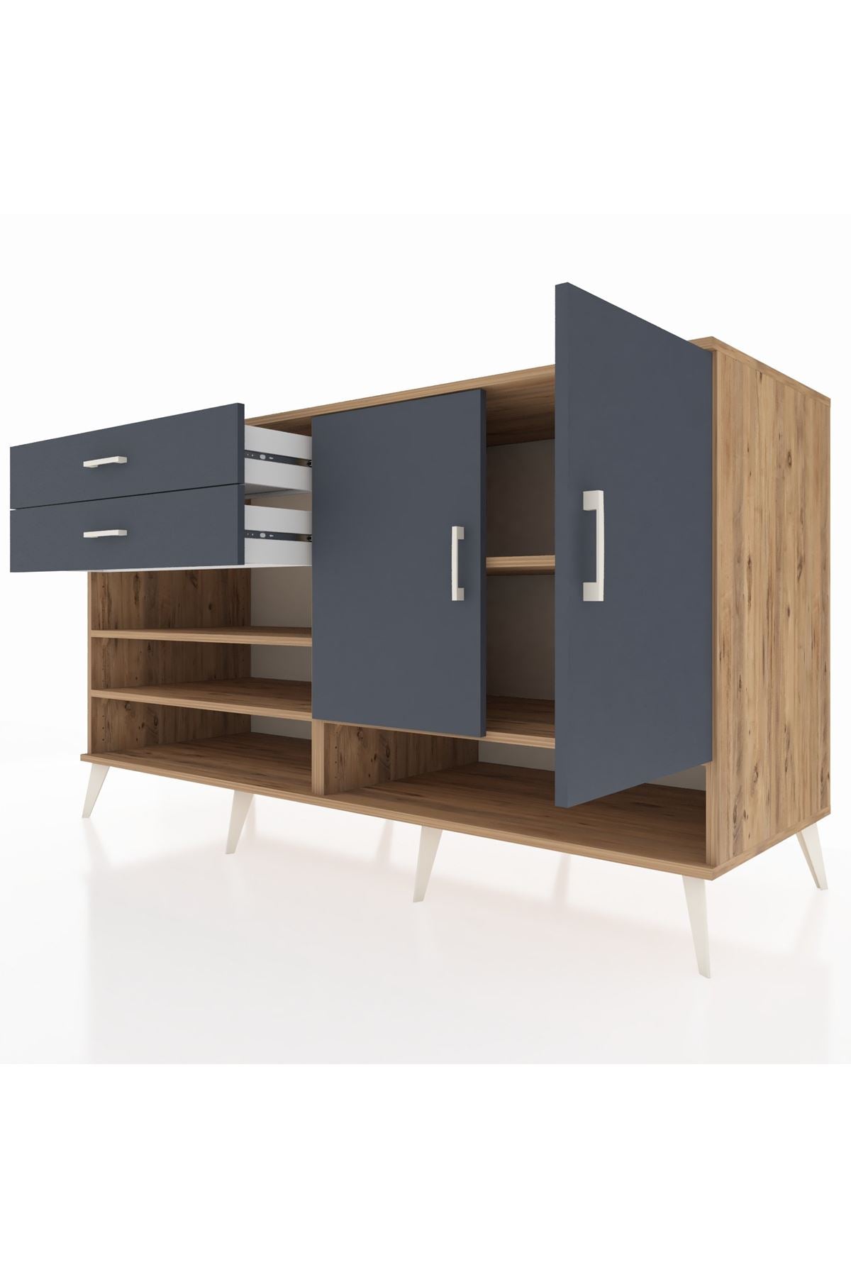 Kronos Konsol 4 Raflı 2 Çekmeceli 2 Kapaklı 176x59x99 Çam-Antrasit