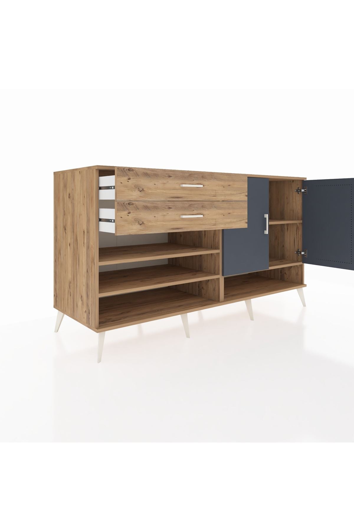 Kronos Konsol 4 Raflı 2 Çekmeceli 2 Kapaklı 176x59x99 Çam-Antrasit/Çam