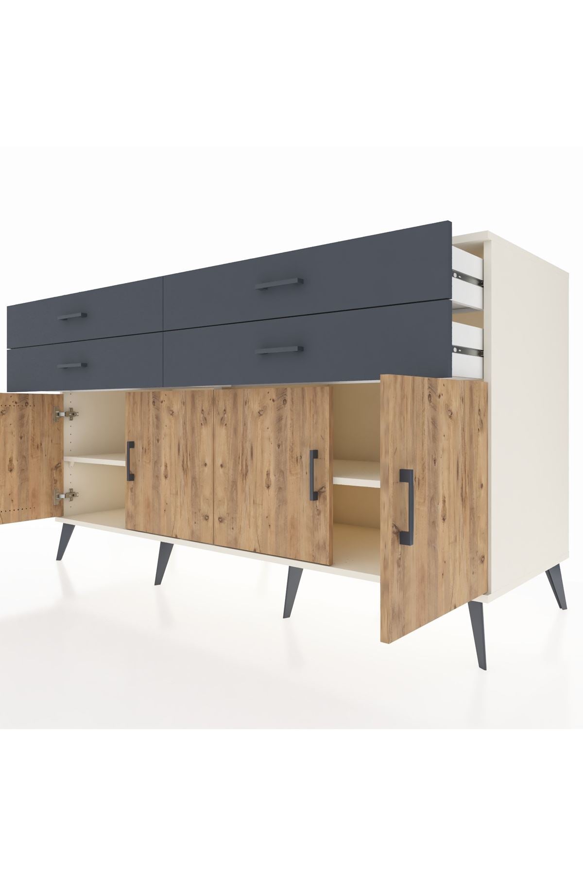 Kronos Konsol 2 Raflı 4 Çekmeceli 8 Kapaklı 176x59x99 Aytaşı-Çam/Antrasit