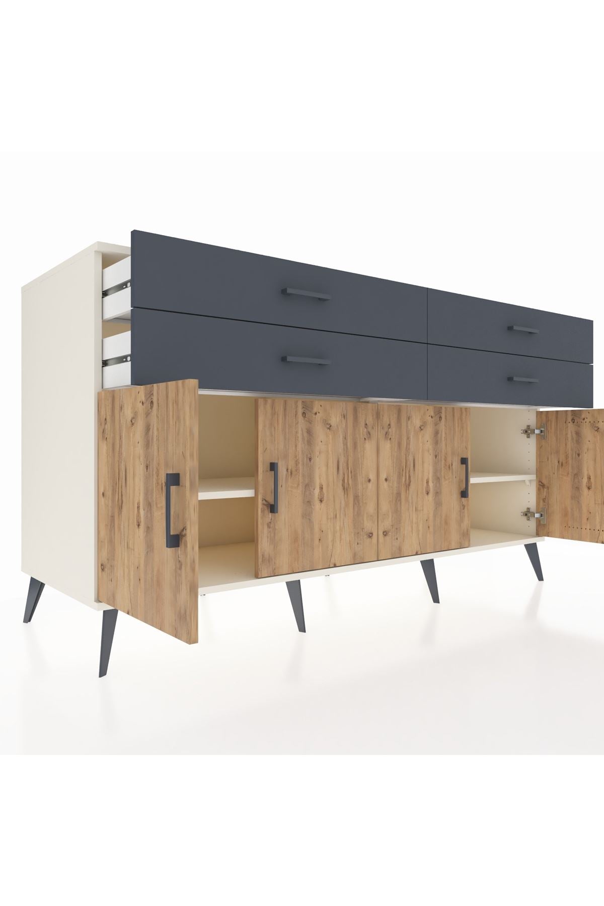 Kronos Konsol 2 Raflı 4 Çekmeceli 8 Kapaklı 176x59x99 Aytaşı-Çam/Antrasit