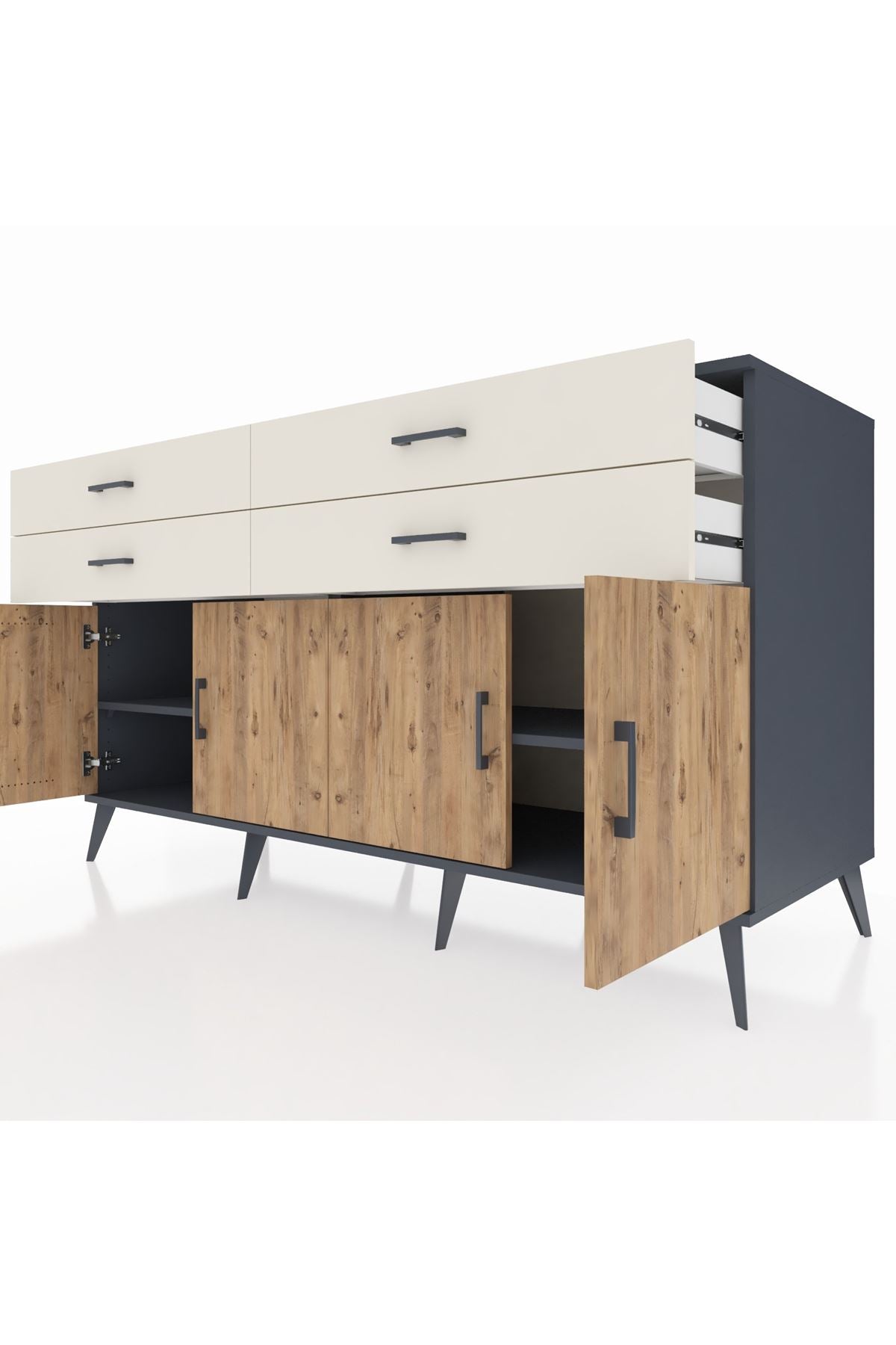 Kronos Konsol 2 Raflı 4 Çekmeceli 8 Kapaklı 176x59x99 Antrasit-Çam/Aytaşı