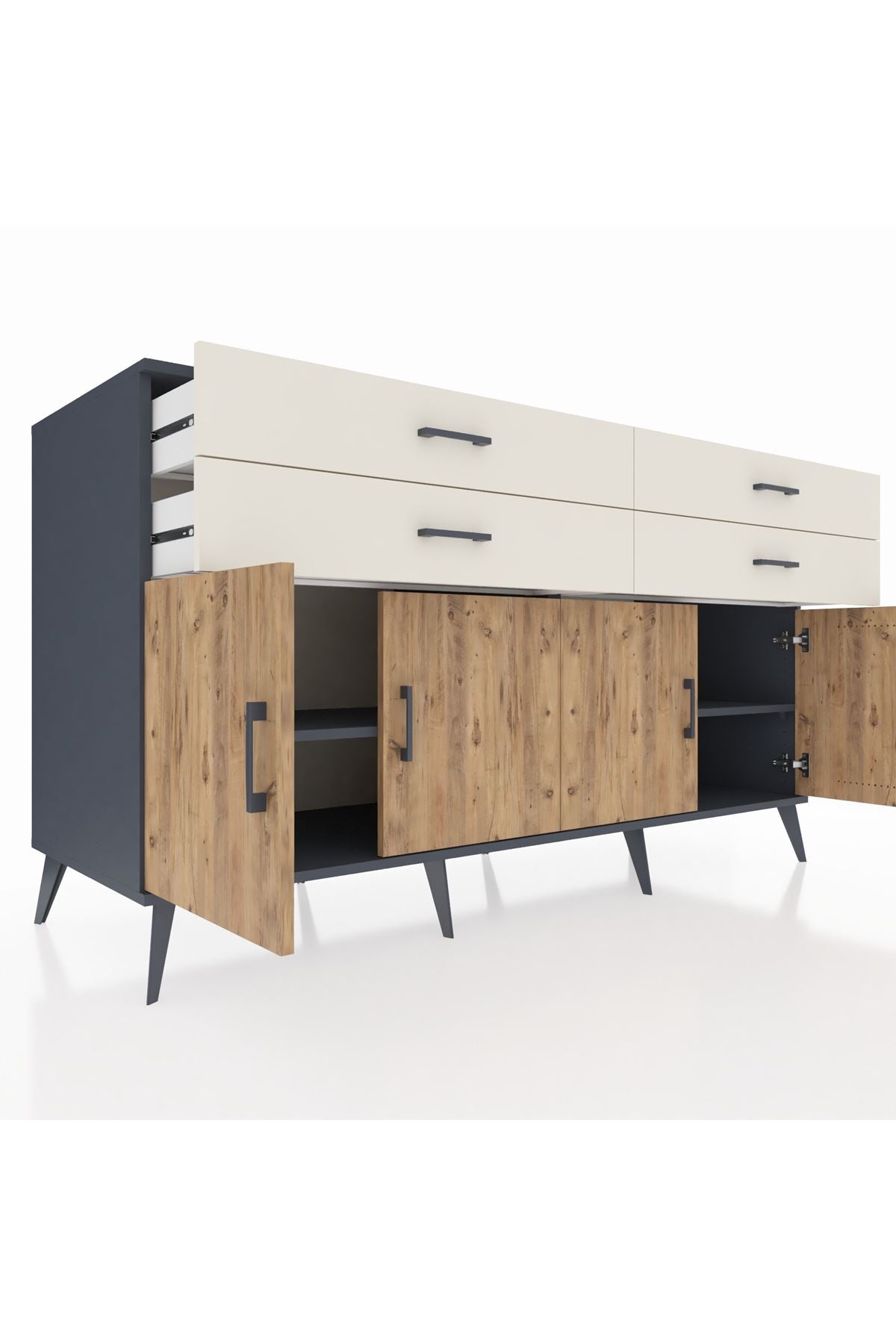 Kronos Konsol 2 Raflı 4 Çekmeceli 8 Kapaklı 176x59x99 Antrasit-Çam/Aytaşı