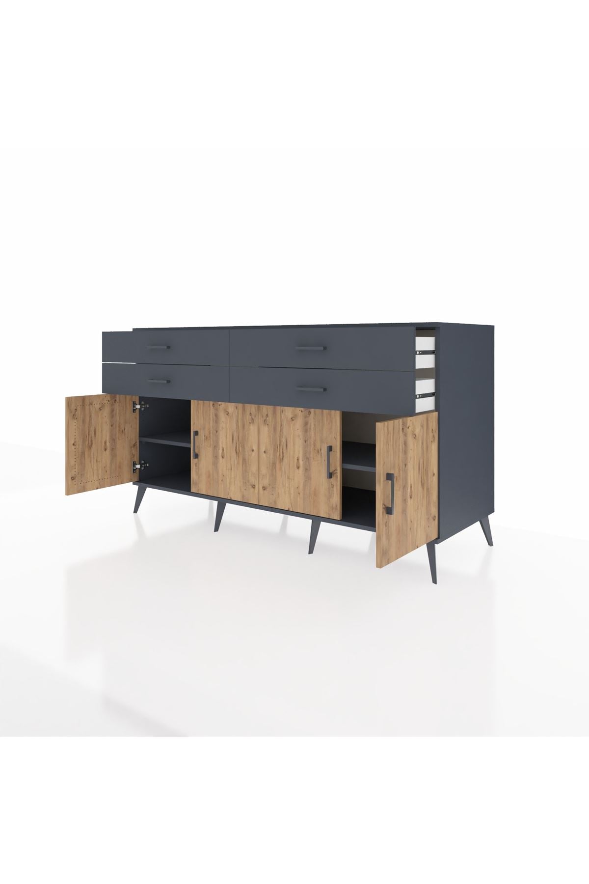 Kronos Konsol 2 Raflı 4 Çekmeceli 8 Kapaklı 176x59x99 Antrasit-Çam/Antrasit