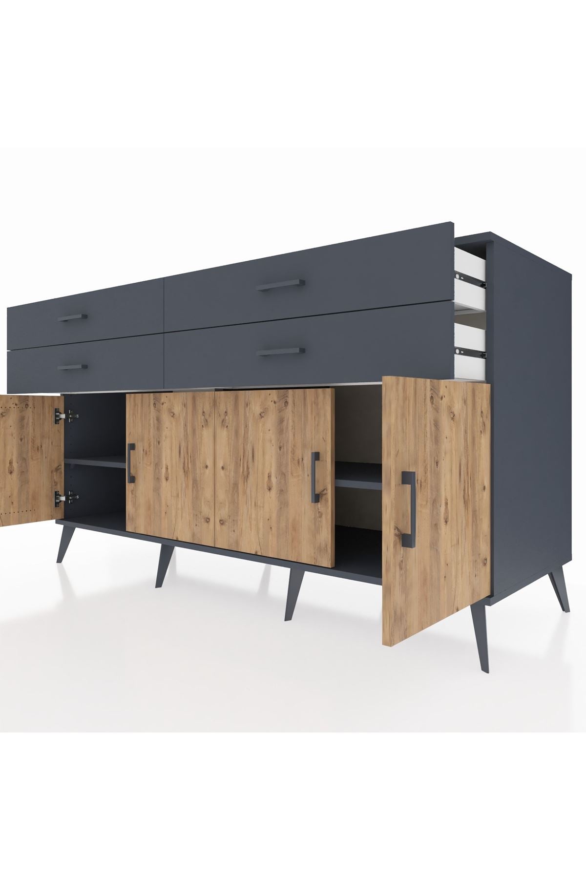 Kronos Konsol 2 Raflı 4 Çekmeceli 8 Kapaklı 176x59x99 Antrasit-Çam/Antrasit