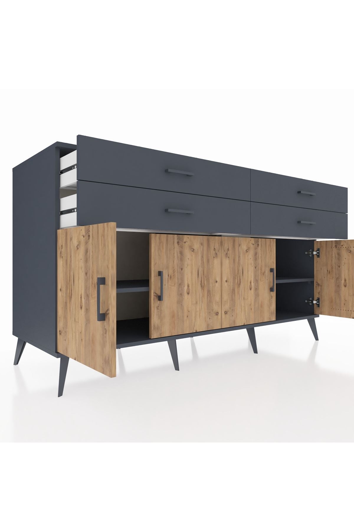 Kronos Konsol 2 Raflı 4 Çekmeceli 8 Kapaklı 176x59x99 Antrasit-Çam/Antrasit