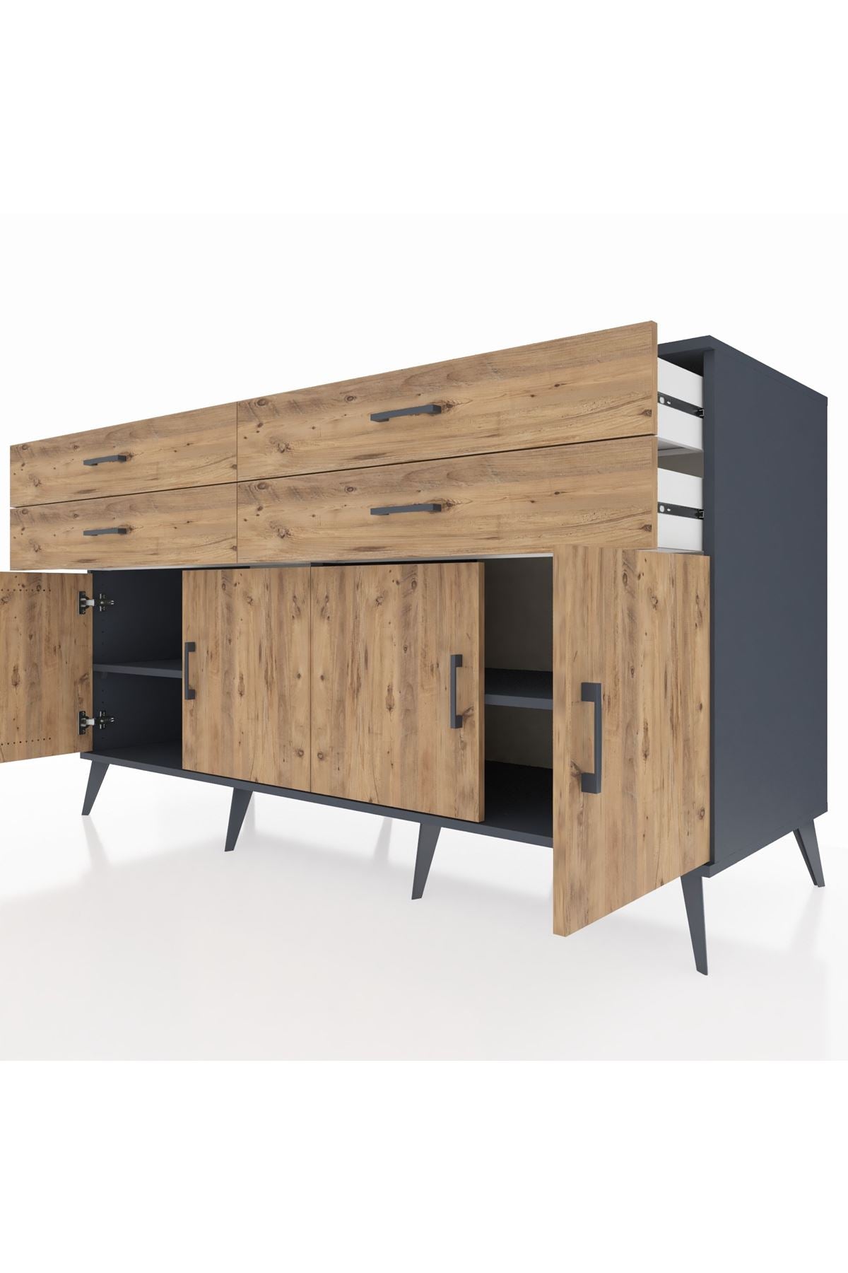 Kronos Konsol 2 Raflı 4 Çekmeceli 8 Kapaklı 176x59x99 Antrasit-Çam