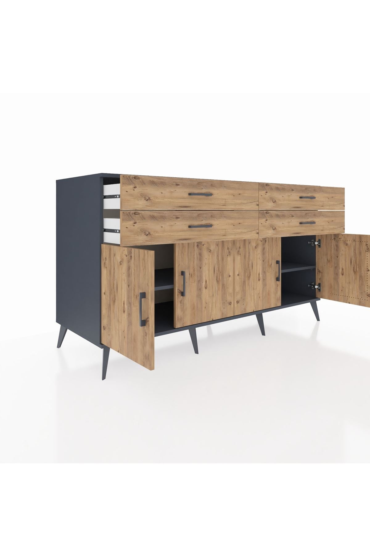 Kronos Konsol 2 Raflı 4 Çekmeceli 8 Kapaklı 176x59x99 Antrasit-Çam