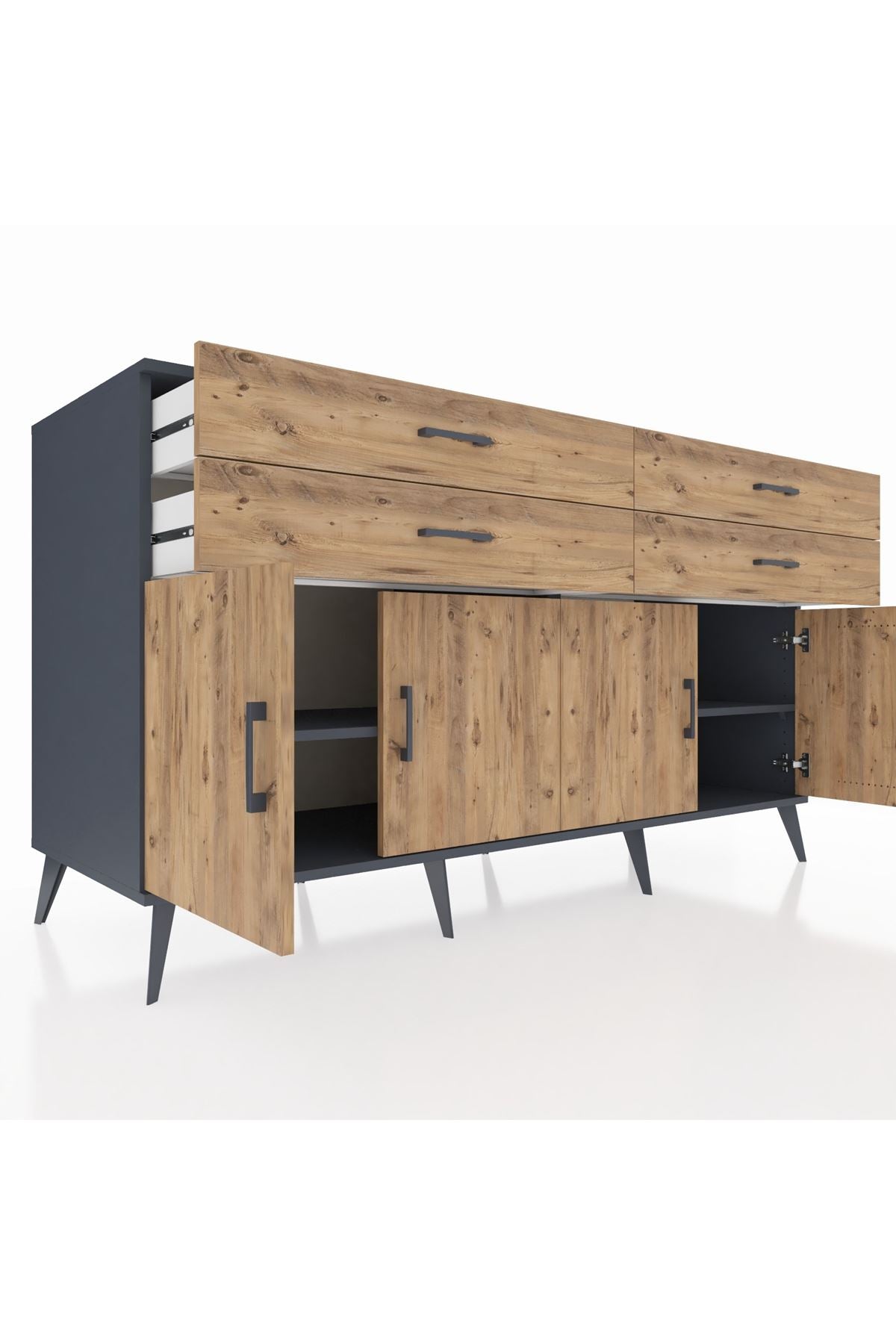 Kronos Konsol 2 Raflı 4 Çekmeceli 8 Kapaklı 176x59x99 Antrasit-Çam