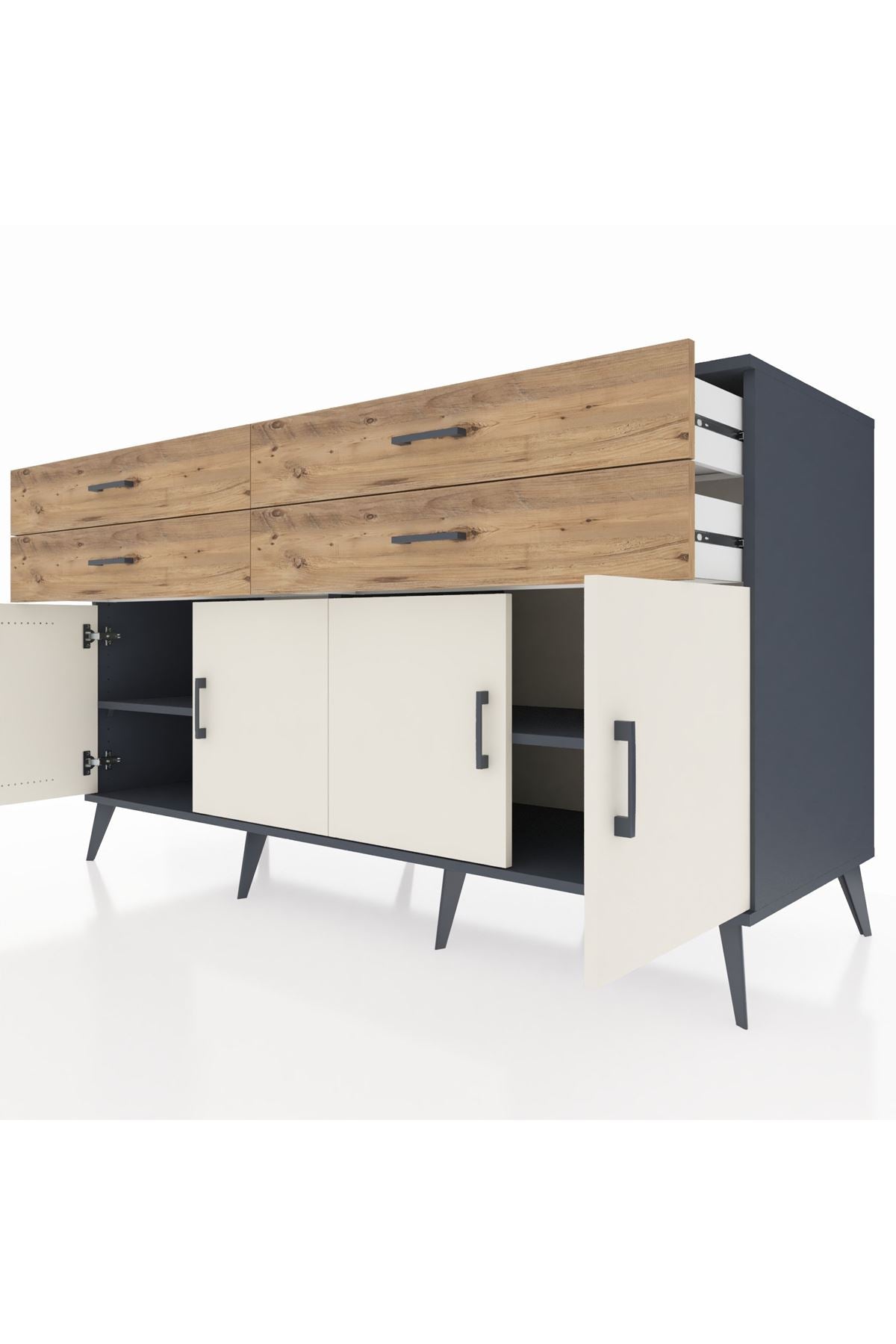 Kronos Konsol 2 Raflı 4 Çekmeceli 8 Kapaklı 176x59x99 Antrasit-Aytaşı/Çam