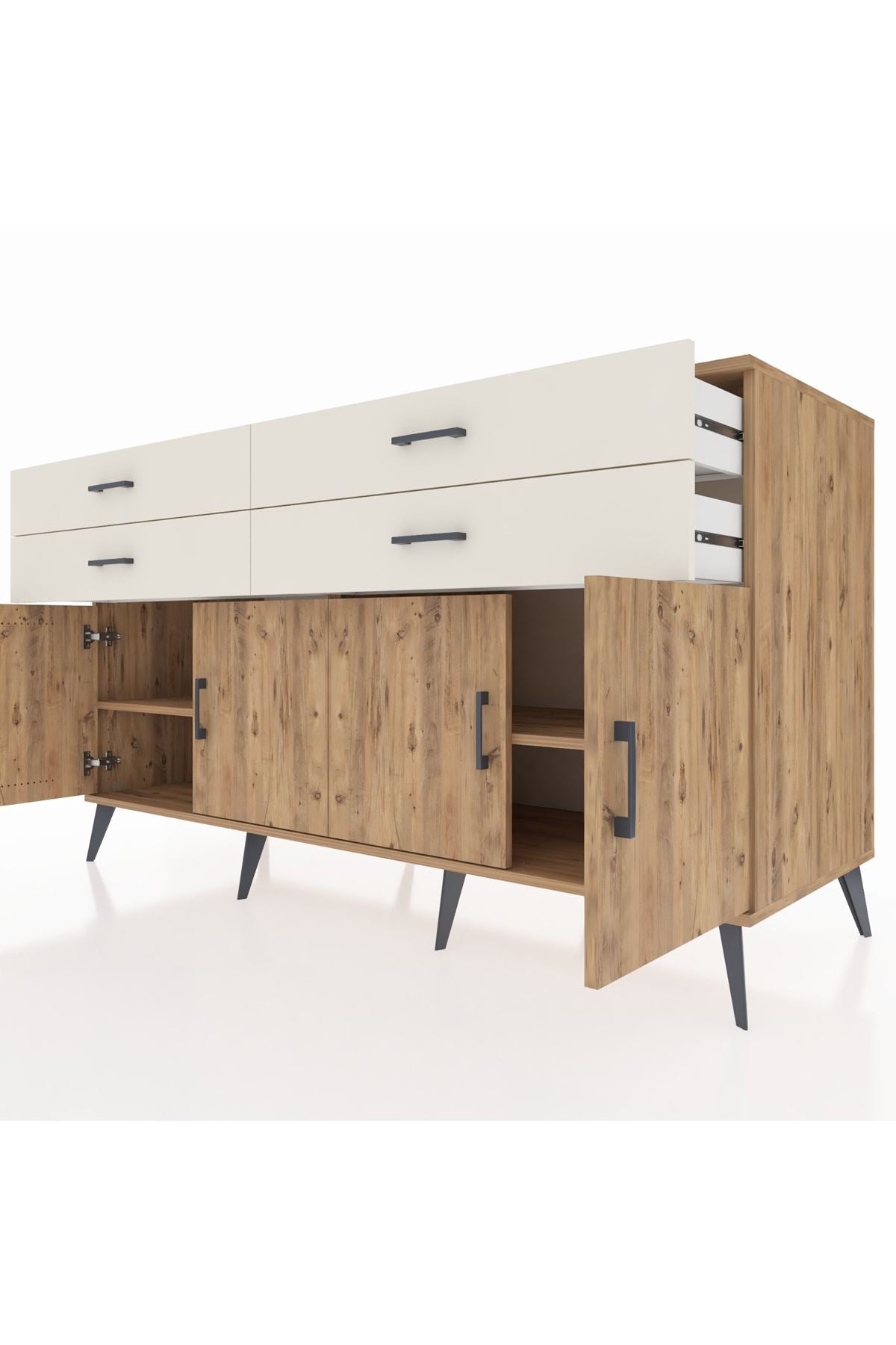 Kronos Konsol 2 Raflı 4 Çekmeceli 8 Kapaklı 176x59x99 Çam-Çam/Aytaşı