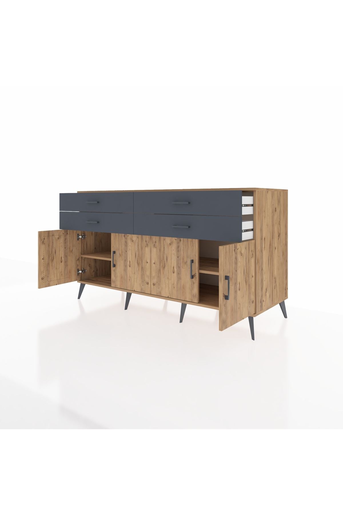 Kronos Konsol 2 Raflı 4 Çekmeceli 8 Kapaklı 176x59x99 Çam-Çam/Antrasit