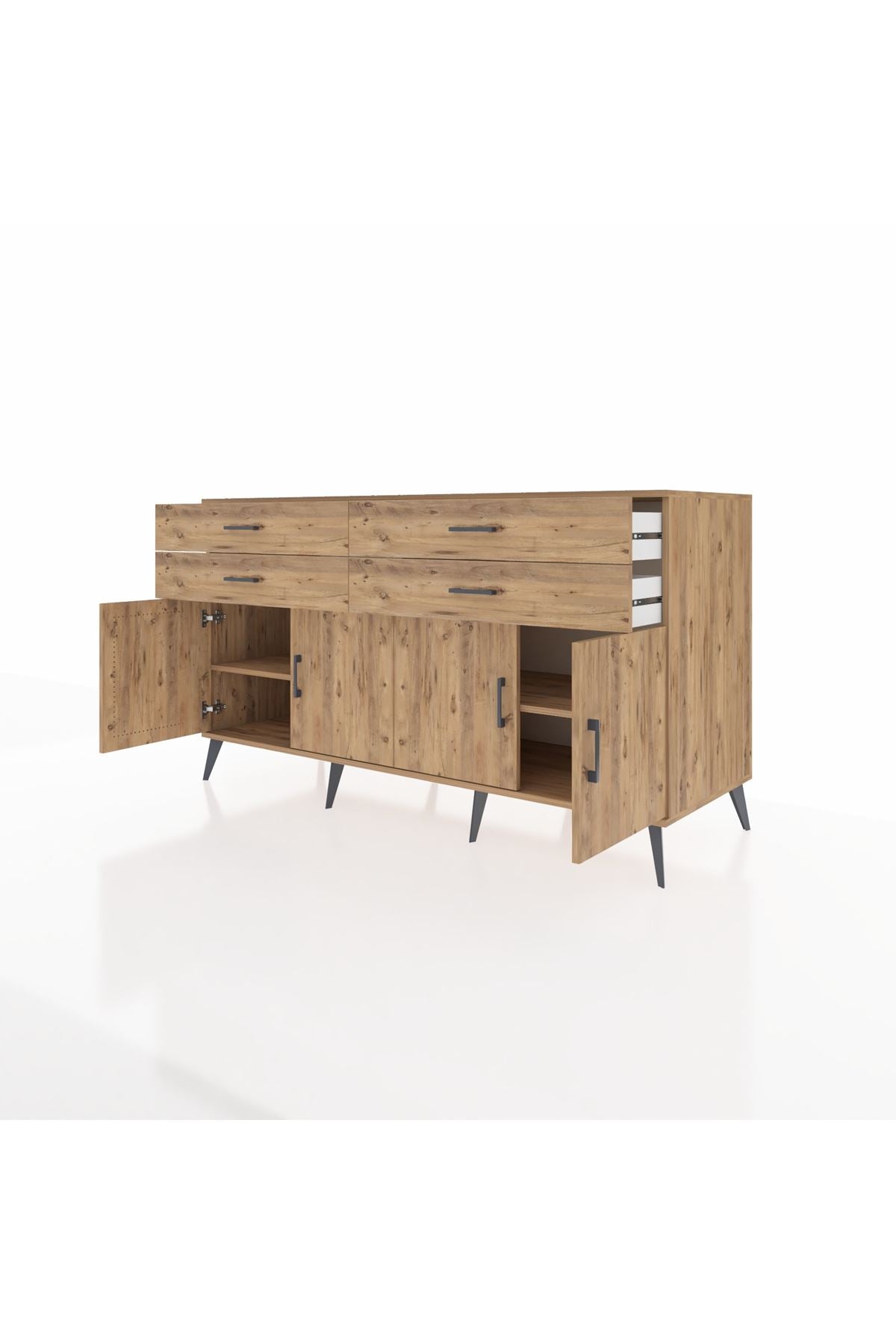 Kronos Konsol 2 Raflı 4 Çekmeceli 8 Kapaklı 176x59x99 Çam-Çam