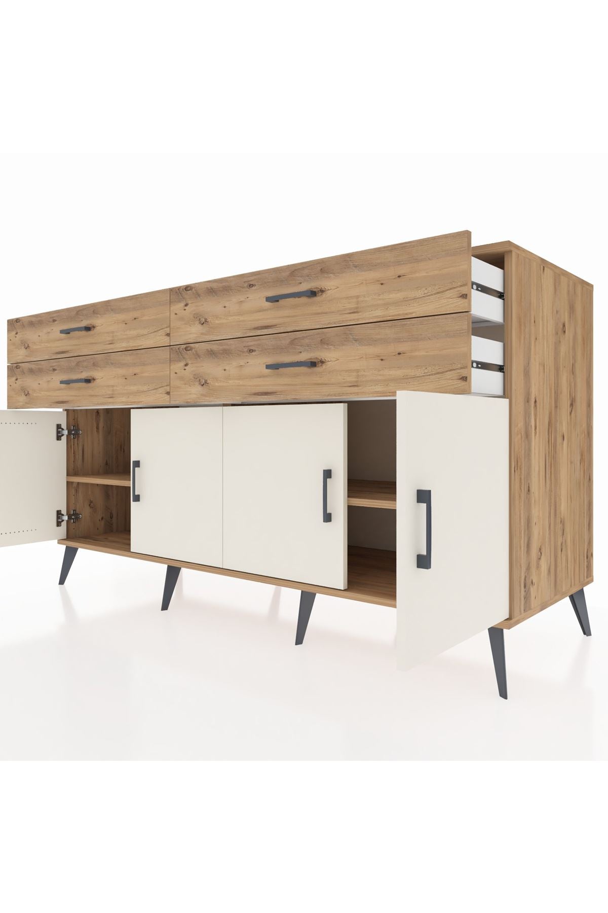 Kronos Konsol 2 Raflı 4 Çekmeceli 8 Kapaklı 176x59x99 Çam-Aytaşı/Çam