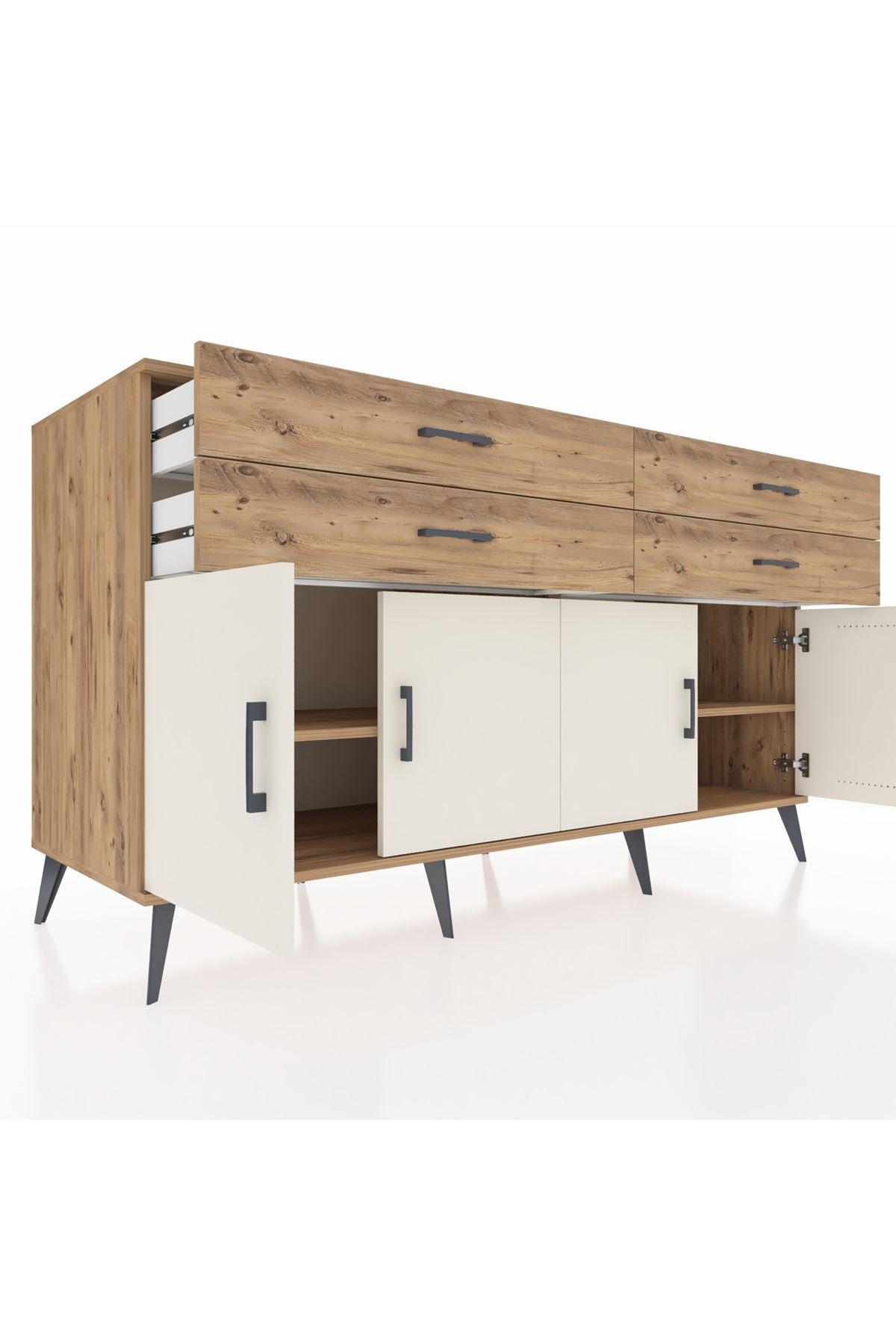 Kronos Konsol 2 Raflı 4 Çekmeceli 8 Kapaklı 176x59x99 Çam-Aytaşı/Çam