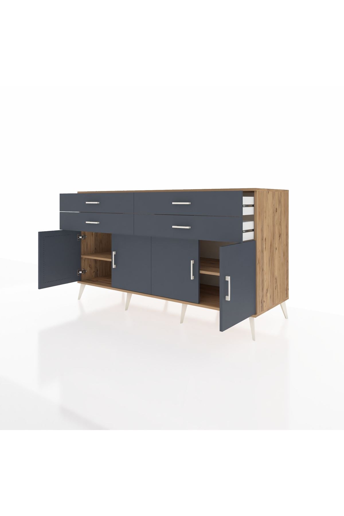 Kronos Konsol 2 Raflı 4 Çekmeceli 8 Kapaklı 176x59x99 Çam-Antrasit