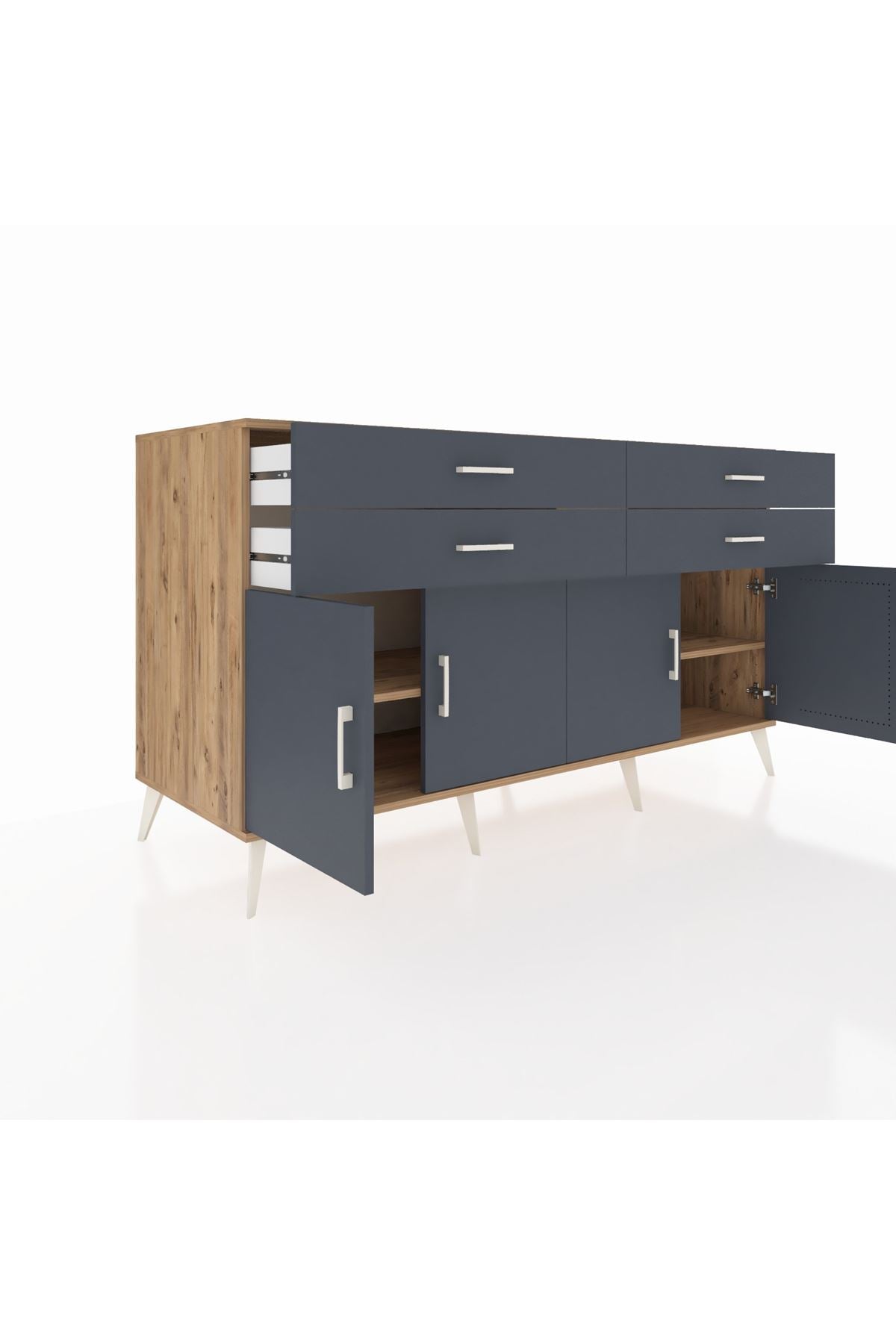 Kronos Konsol 2 Raflı 4 Çekmeceli 8 Kapaklı 176x59x99 Çam-Antrasit