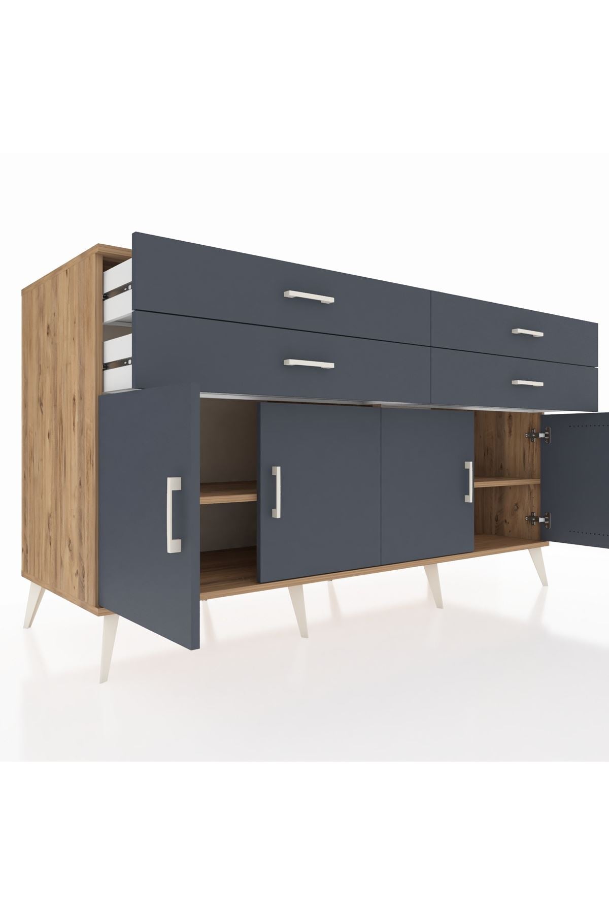 Kronos Konsol 2 Raflı 4 Çekmeceli 8 Kapaklı 176x59x99 Çam-Antrasit