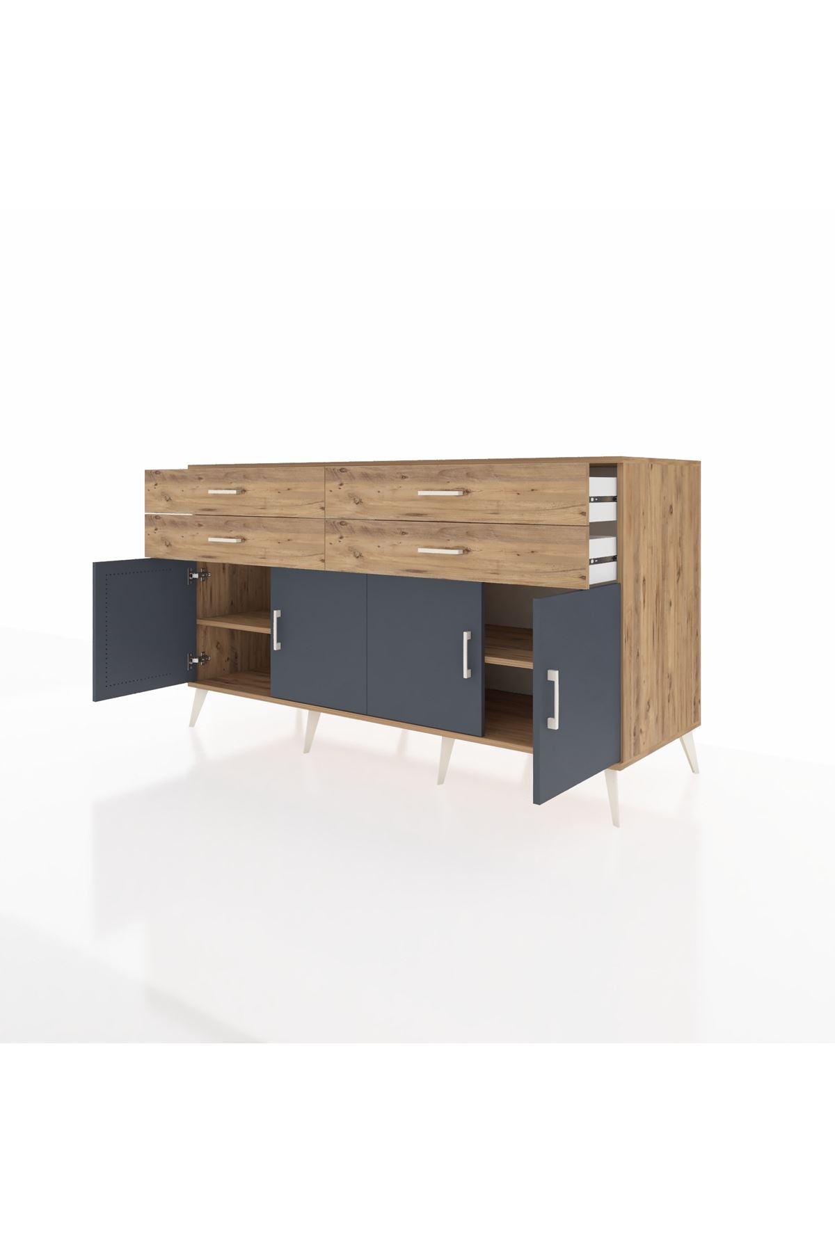 Kronos Konsol 2 Raflı 4 Çekmeceli 8 Kapaklı 176x59x99 Çam-Antrasit/Çam