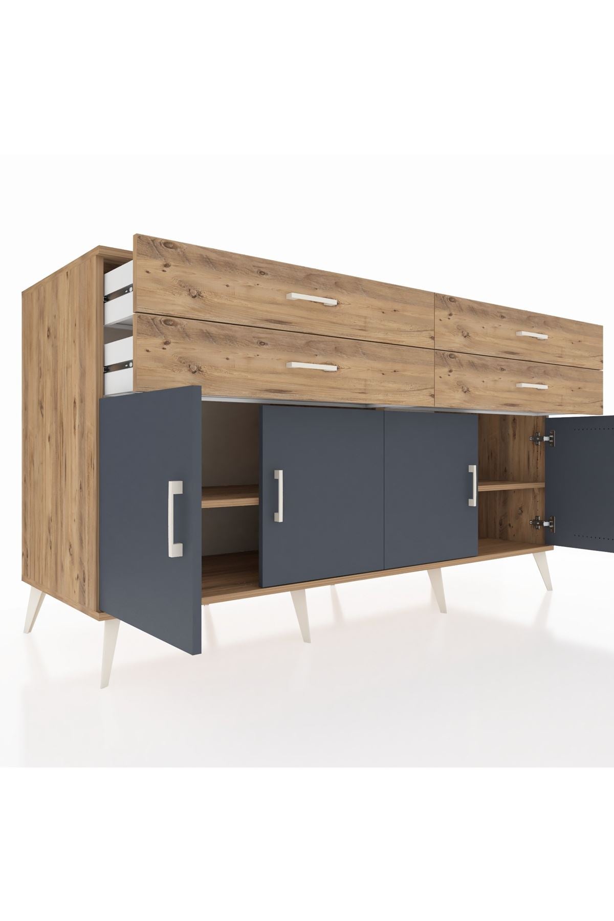 Kronos Konsol 2 Raflı 4 Çekmeceli 8 Kapaklı 176x59x99 Çam-Antrasit/Çam