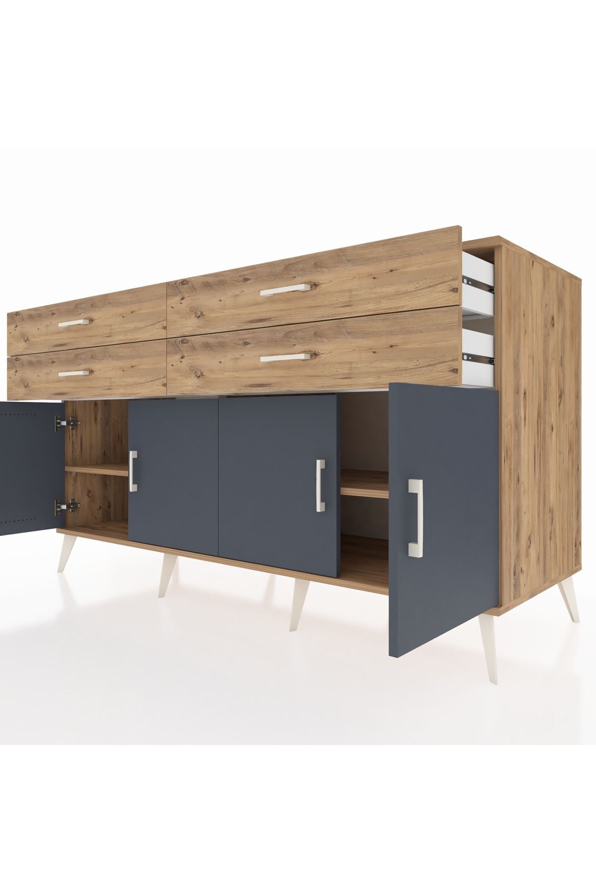 Kronos Konsol 2 Raflı 4 Çekmeceli 8 Kapaklı 176x59x99 Çam-Antrasit/Çam