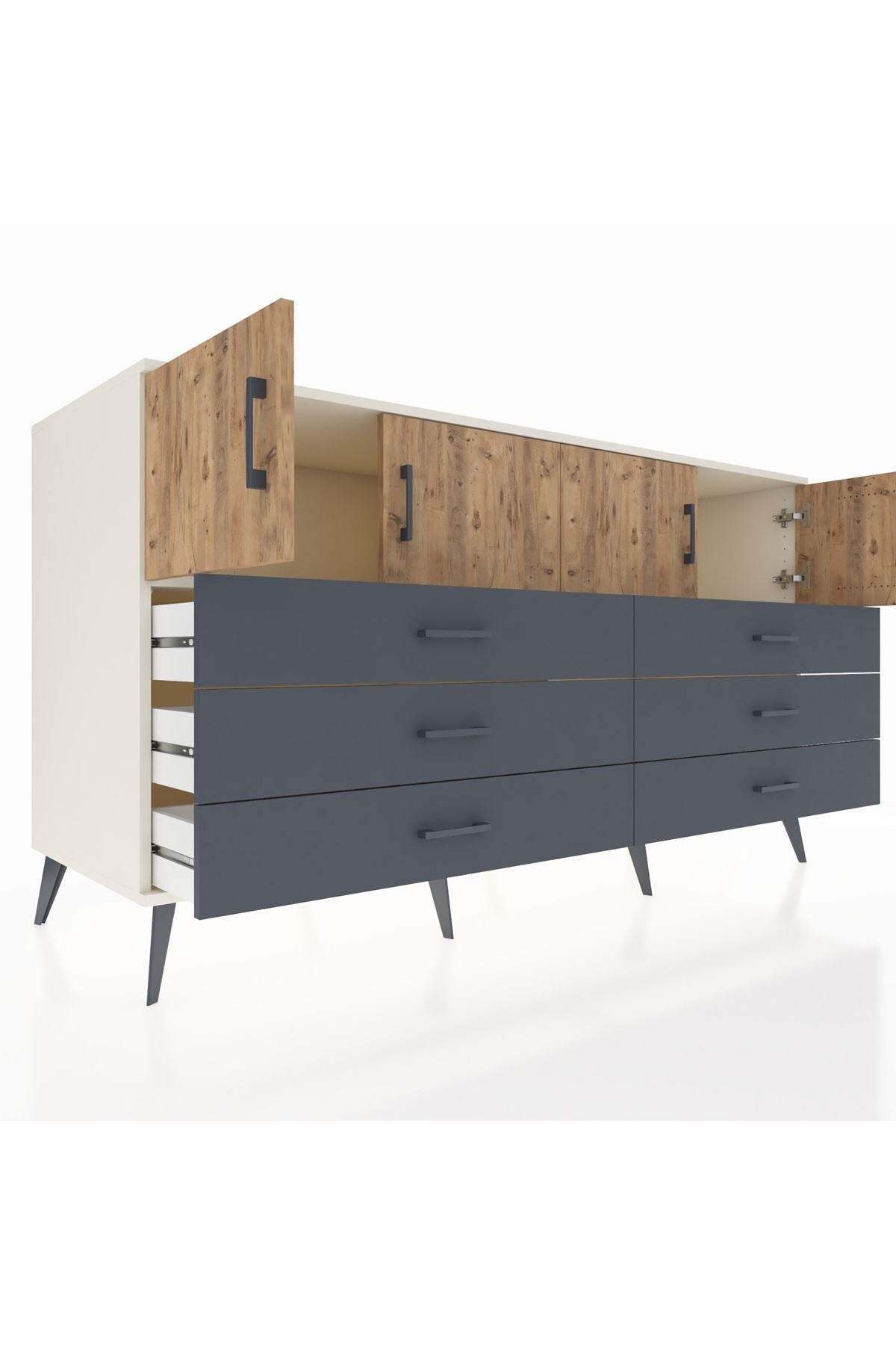 Kronos Konsol 2 Raflı 6 Çekmeceli 4 Kapaklı 176x59x99 Aytaşı-Çam/Antrasit