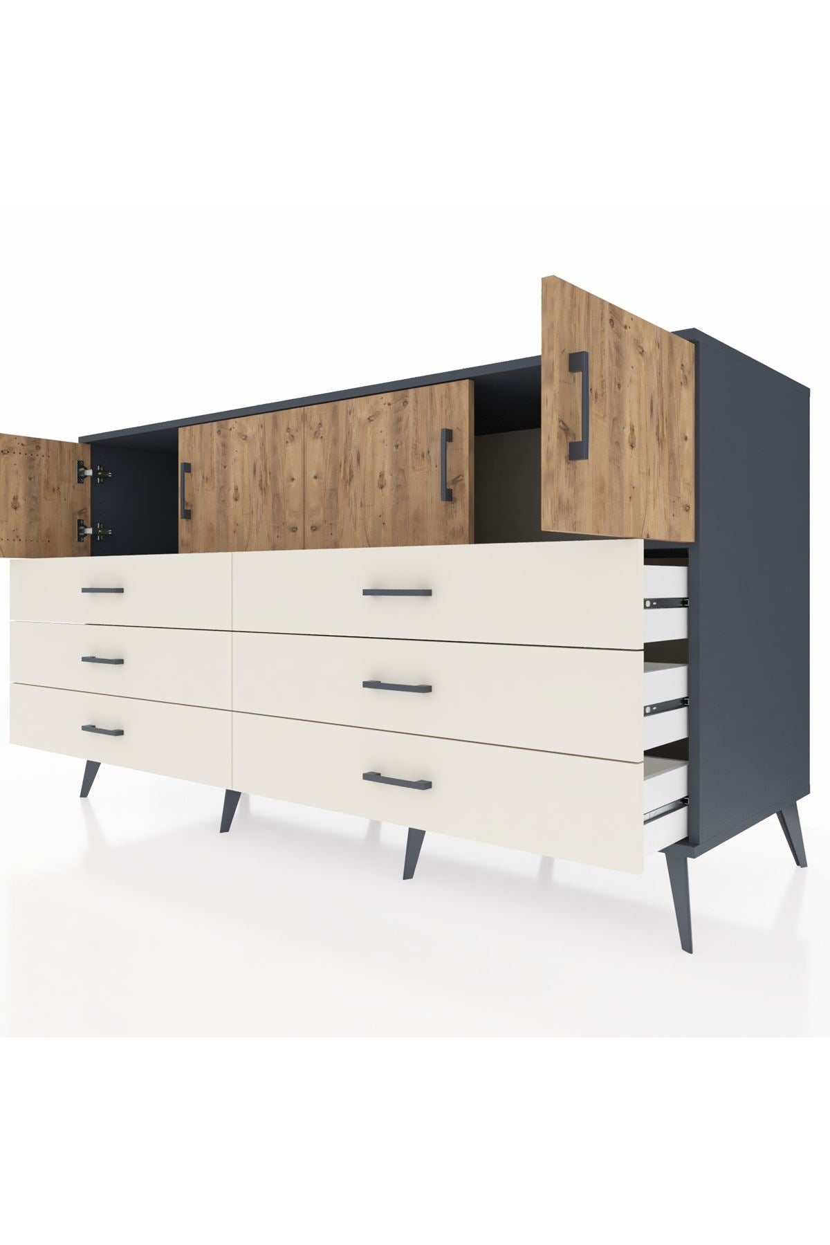 Kronos Konsol 2 Raflı 6 Çekmeceli 4 Kapaklı 176x59x99 Antrasit-Çam/Aytaşı