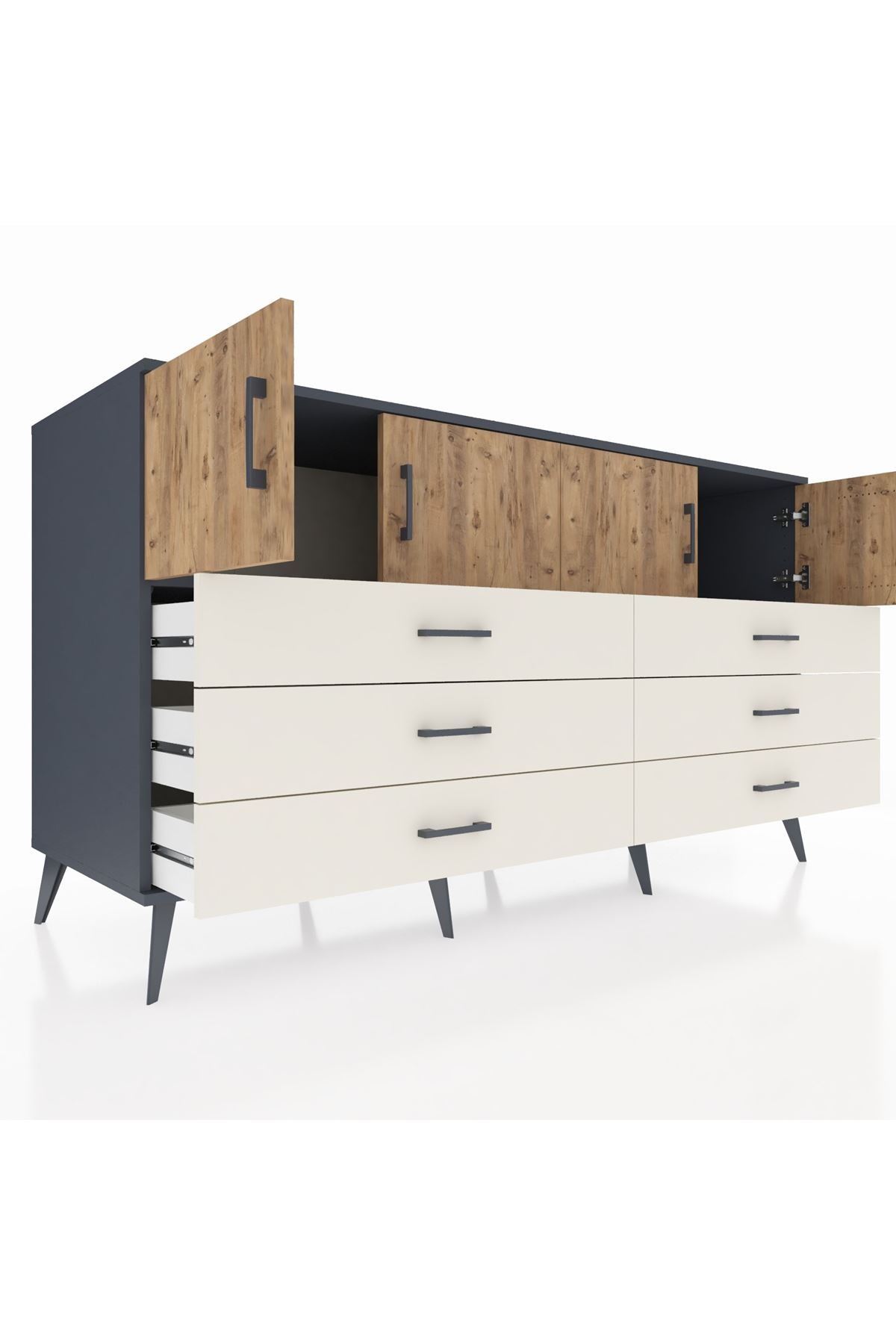 Kronos Konsol 2 Raflı 6 Çekmeceli 4 Kapaklı 176x59x99 Antrasit-Çam/Aytaşı