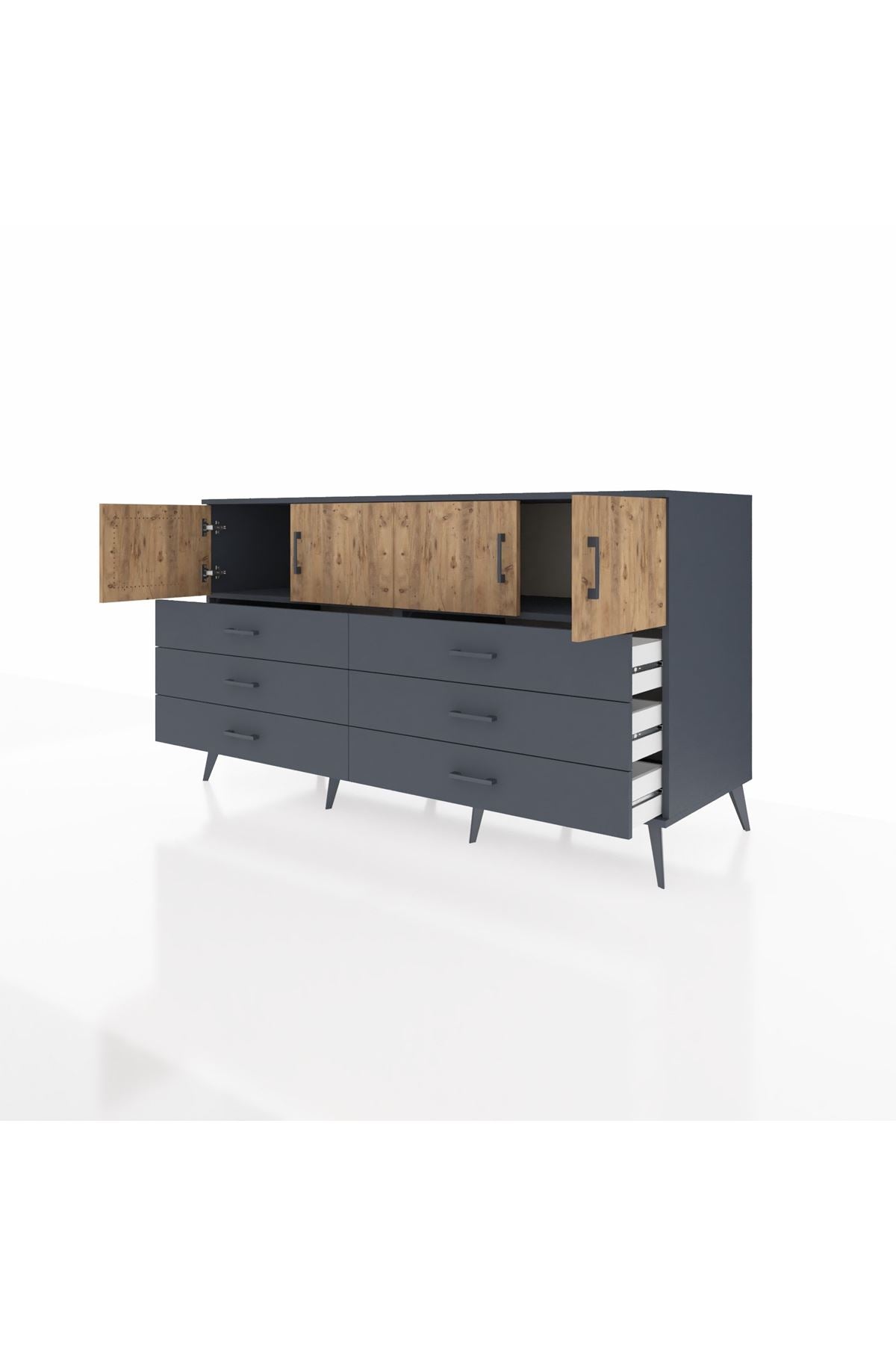 Kronos Konsol 2 Raflı 6 Çekmeceli 4 Kapaklı 176x59x99 Antrasit-Çam/Antrasit