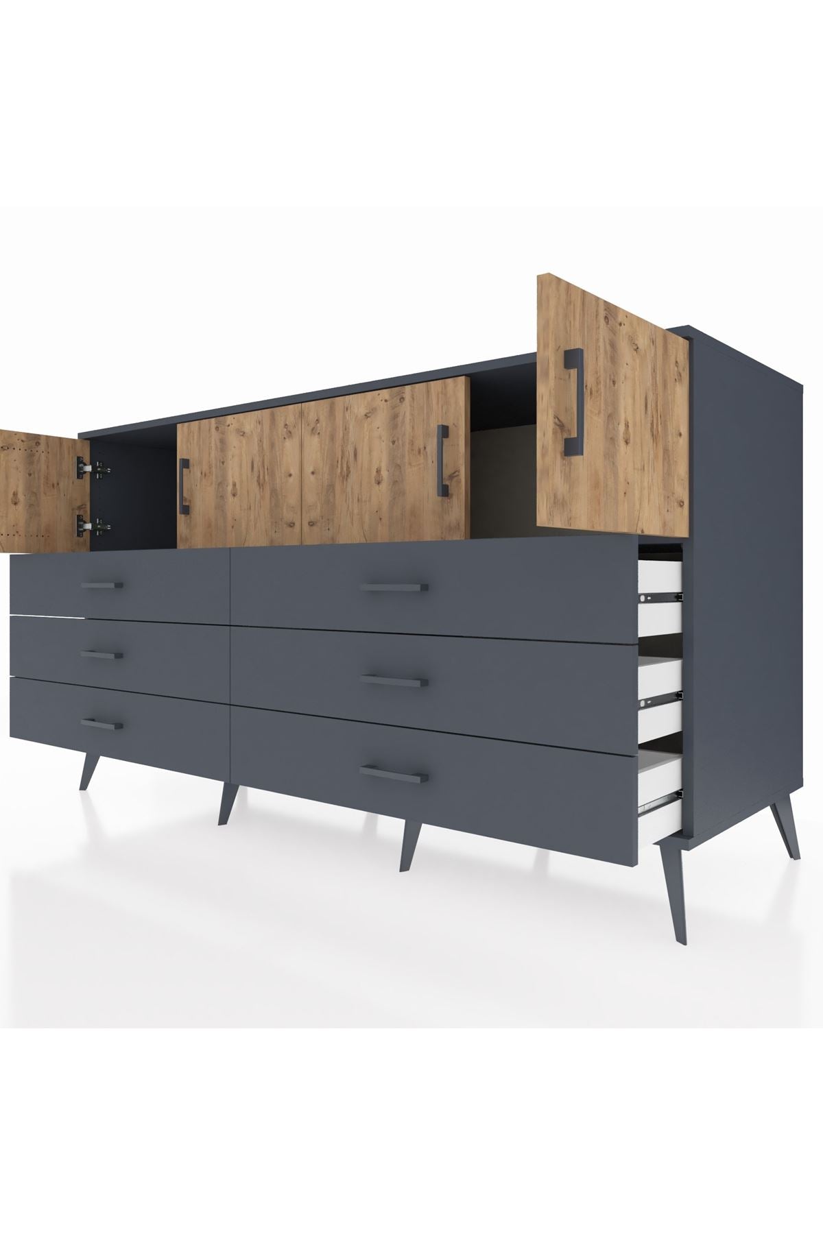 Kronos Konsol 2 Raflı 6 Çekmeceli 4 Kapaklı 176x59x99 Antrasit-Çam/Antrasit