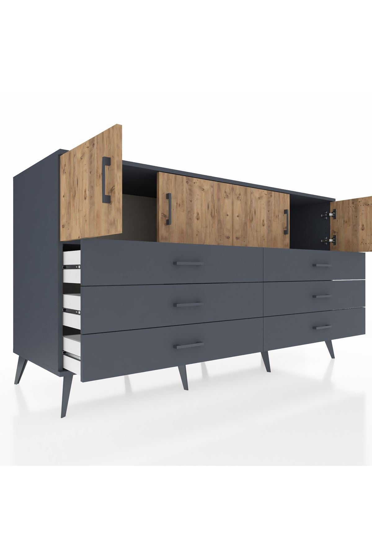 Kronos Konsol 2 Raflı 6 Çekmeceli 4 Kapaklı 176x59x99 Antrasit-Çam/Antrasit