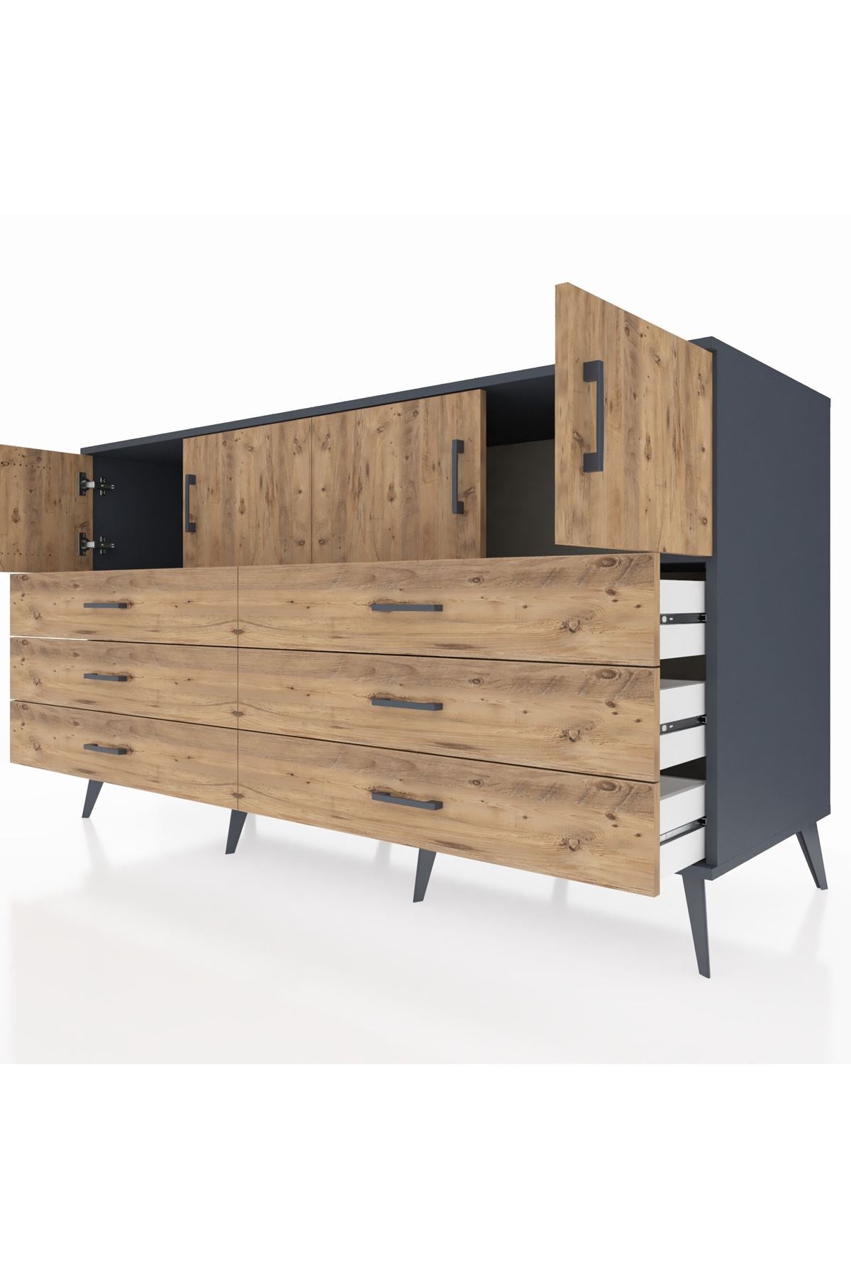 Kronos Konsol 2 Raflı 6 Çekmeceli 4 Kapaklı 176x59x99 Antrasit-Çam