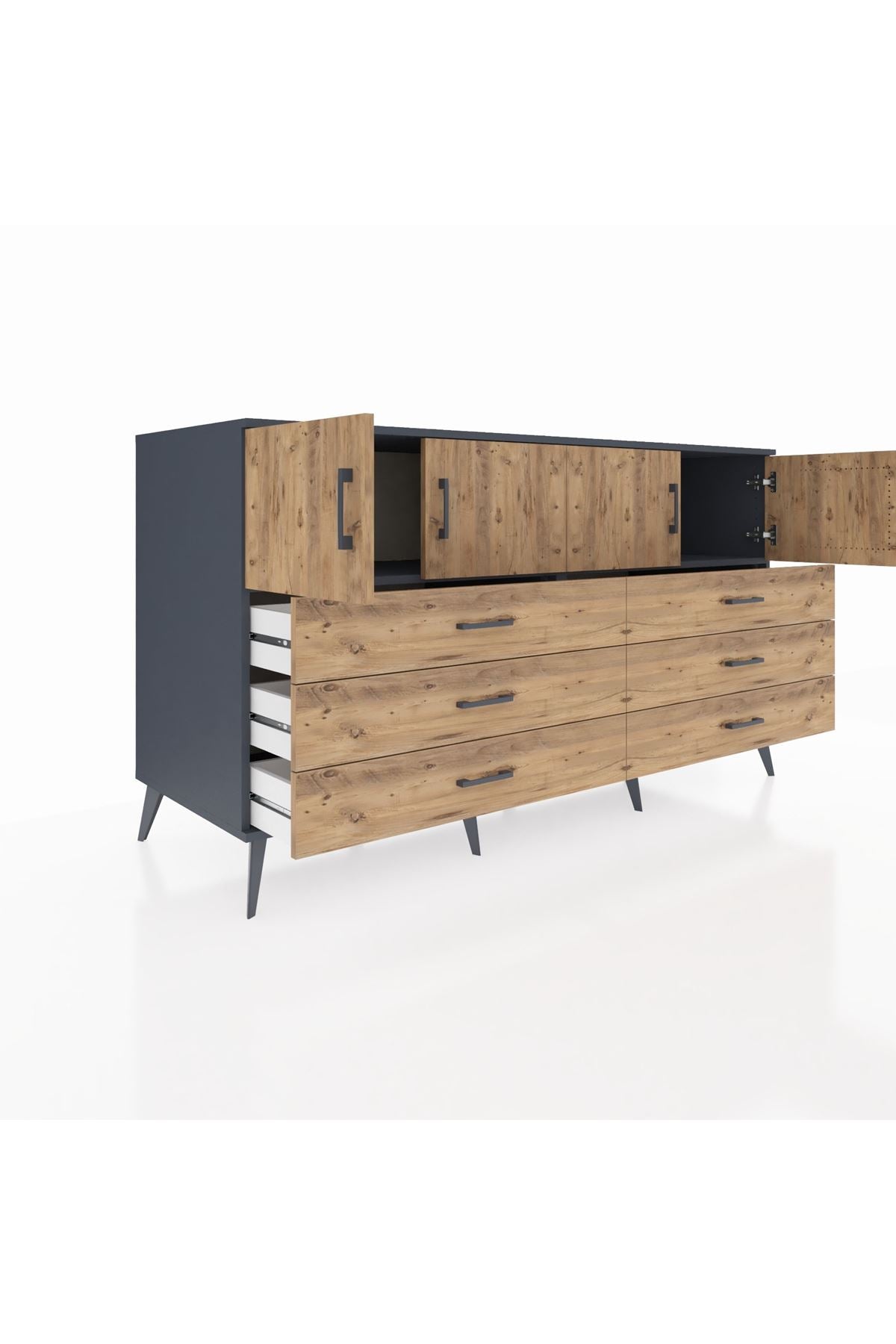 Kronos Konsol 2 Raflı 6 Çekmeceli 4 Kapaklı 176x59x99 Antrasit-Çam