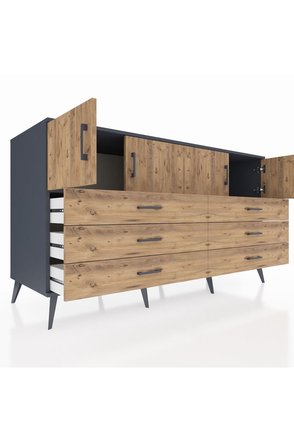 Kronos Konsol 2 Raflı 6 Çekmeceli 4 Kapaklı 176x59x99 Antrasit-Çam