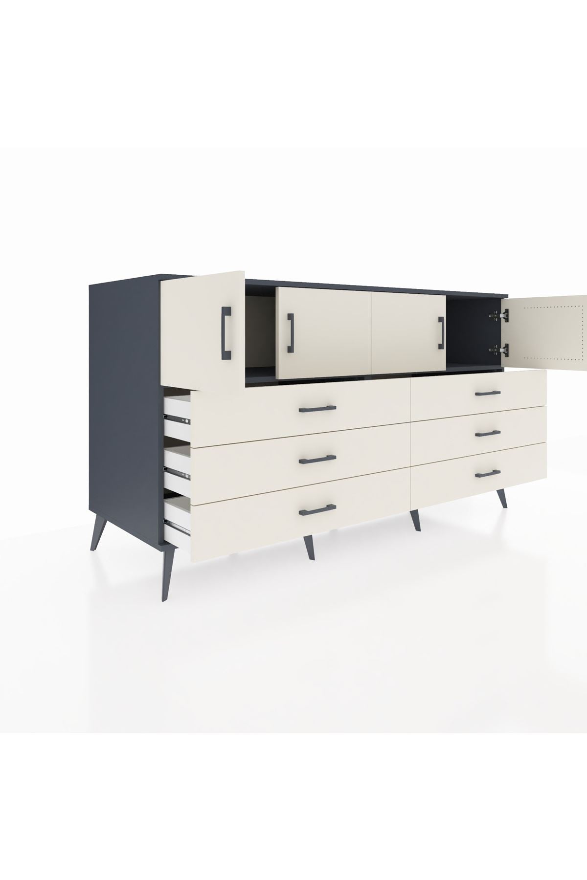 Kronos Konsol 2 Raflı 6 Çekmeceli 4 Kapaklı 176x59x99 Antrasit-Aytaşı