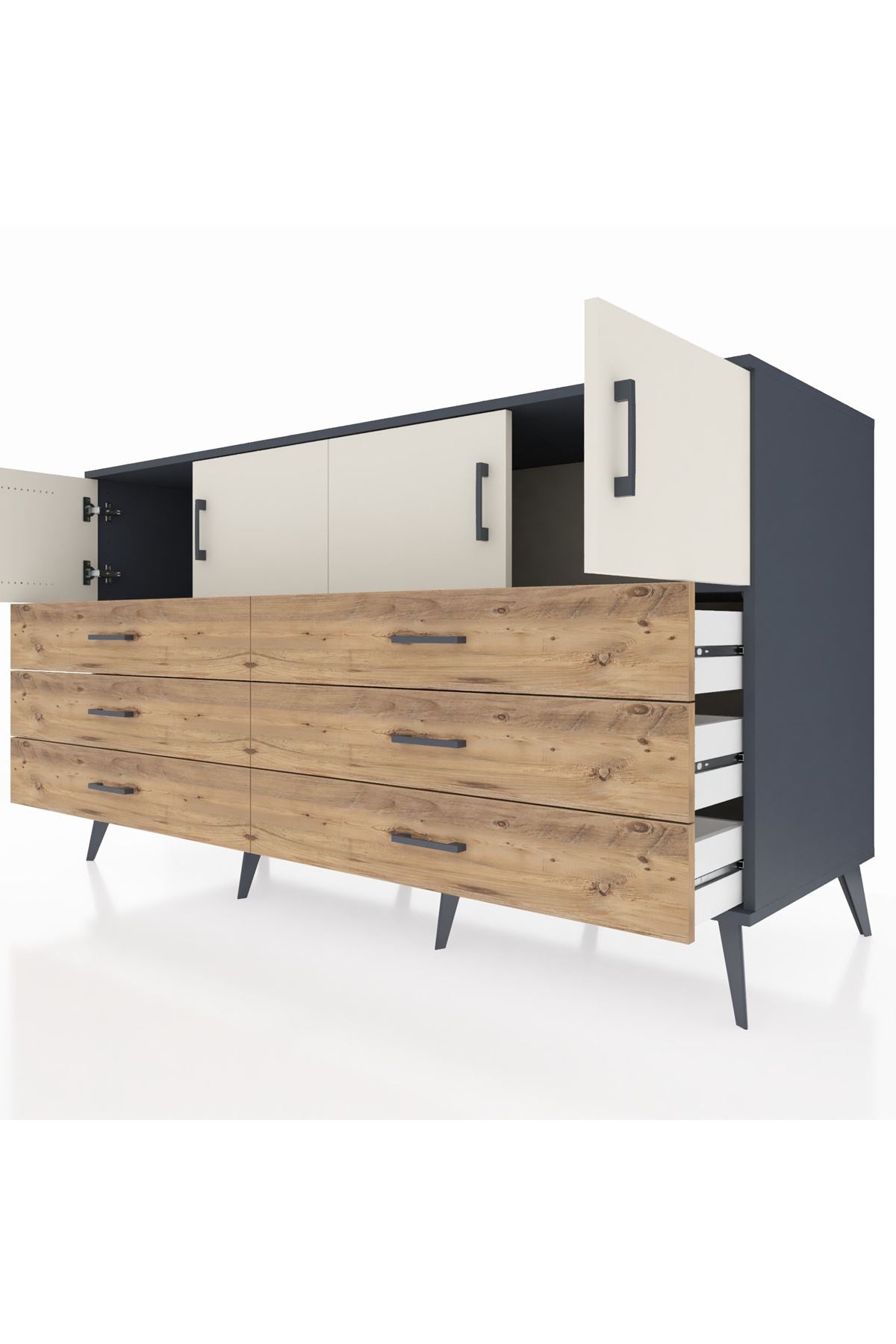 Kronos Konsol 2 Raflı 6 Çekmeceli 4 Kapaklı 176x59x99 Antrasit-Aytaşı/Çam