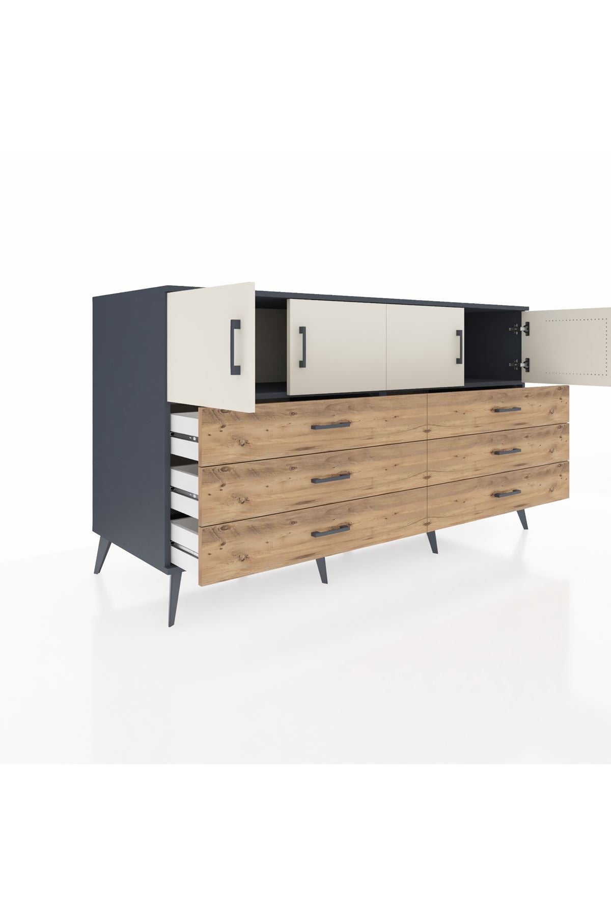 Kronos Konsol 2 Raflı 6 Çekmeceli 4 Kapaklı 176x59x99 Antrasit-Aytaşı/Çam