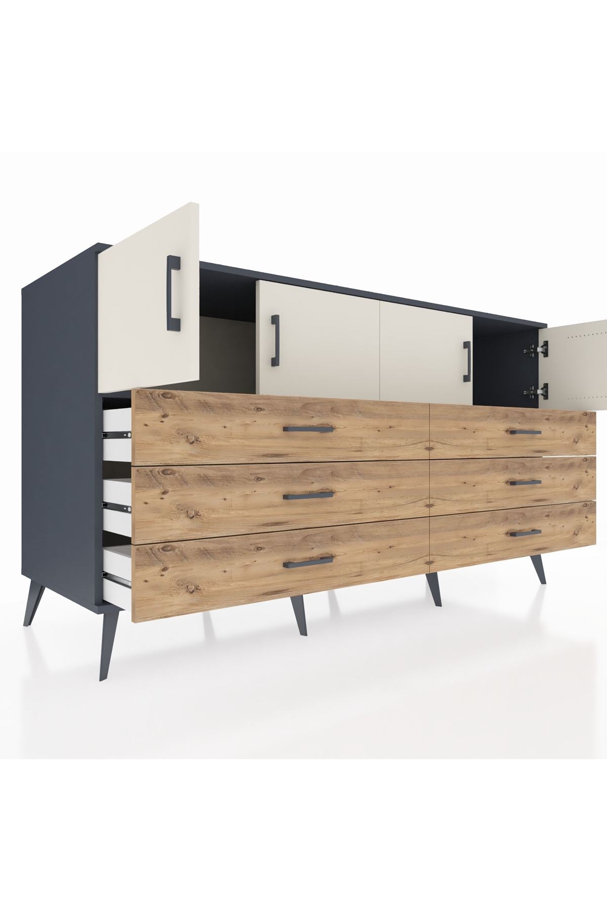 Kronos Konsol 2 Raflı 6 Çekmeceli 4 Kapaklı 176x59x99 Antrasit-Aytaşı/Çam