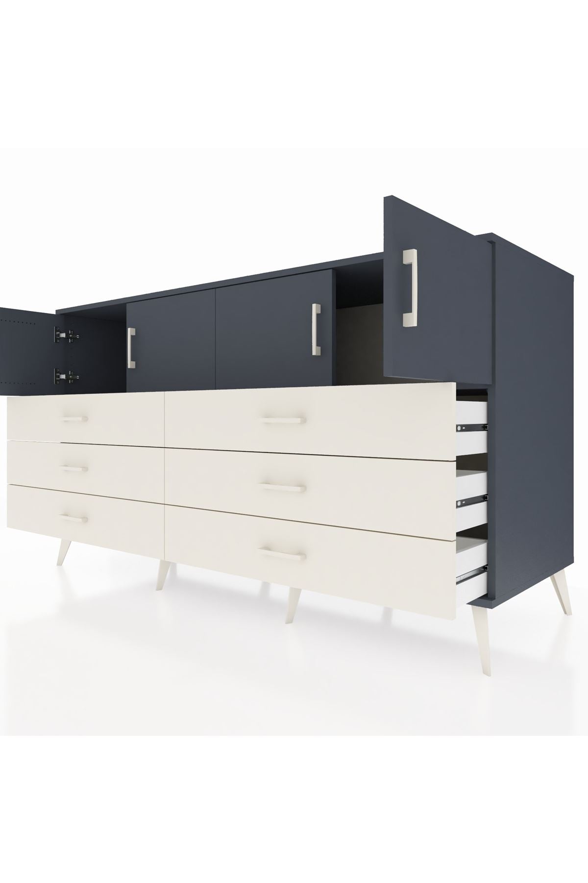 Kronos Konsol 2 Raflı 6 Çekmeceli 4 Kapaklı 176x59x99 Antrasit-Antrasit/Aytaşı